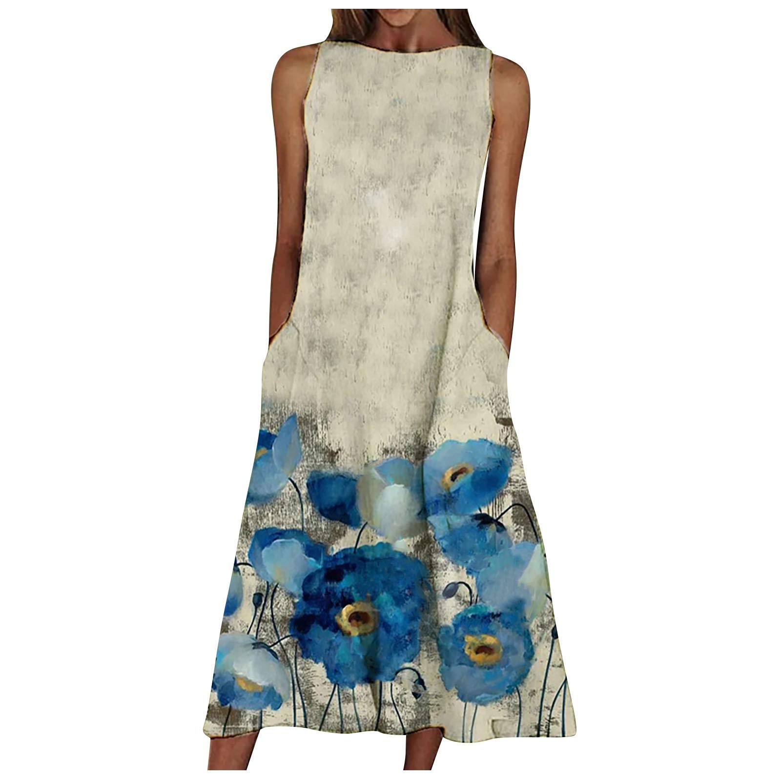 Ulanda Women's Casual Midi Dress - Loose Flowy Summer Maxi Dress with Pockets, Sleeveless Floral Print Beach Holiday Dress | Perfect for Vacation, Beach Outings & Summer Parties