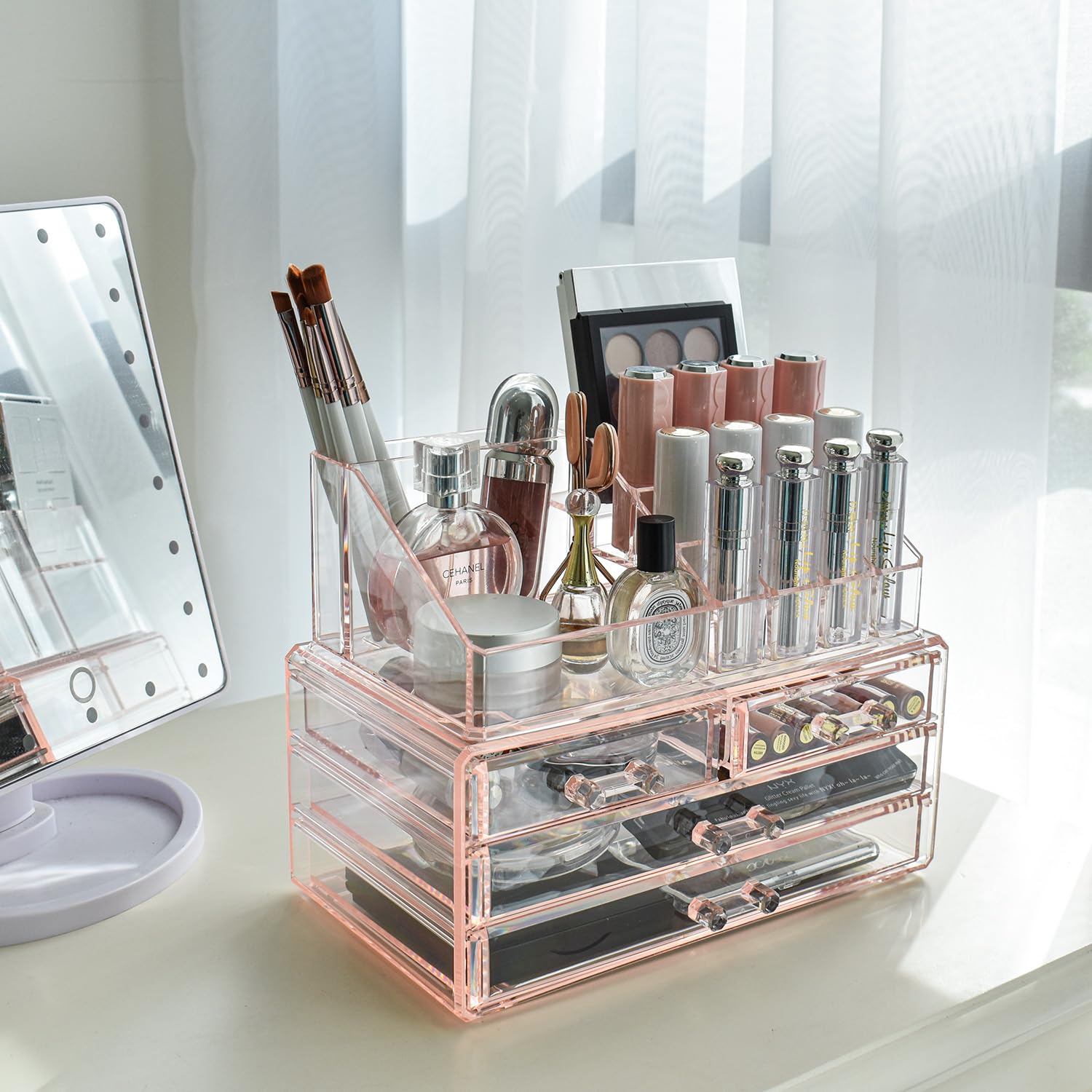 Ikee Design Pink Jewelry & Cosmetic Storage Display Boxes 2-Piece Set - Vanity Organizer Makeup Holder for Necklaces, Rings & Beauty Products | Perfect for Bedroom Dresser, Bathroom Counter & Travel