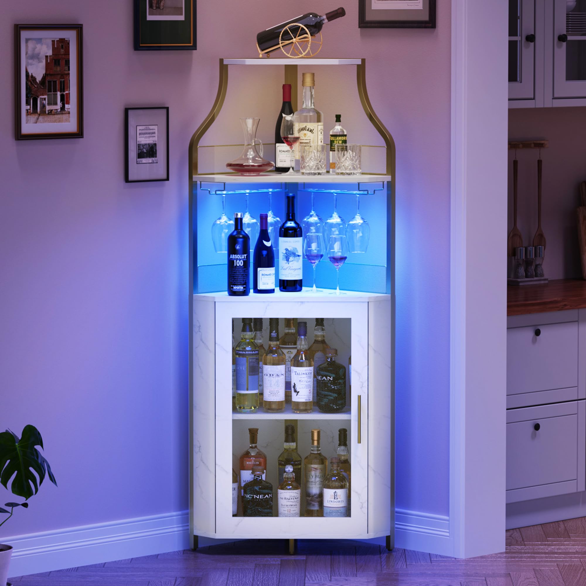 5-Tier Industrial Wine Cabinet with LED Lights & Glass Holder - Adjustable Shelf, Mesh Door & Gold Finish - Perfect for Home Bar, Kitchen, Dining Room & Entertainment Spaces