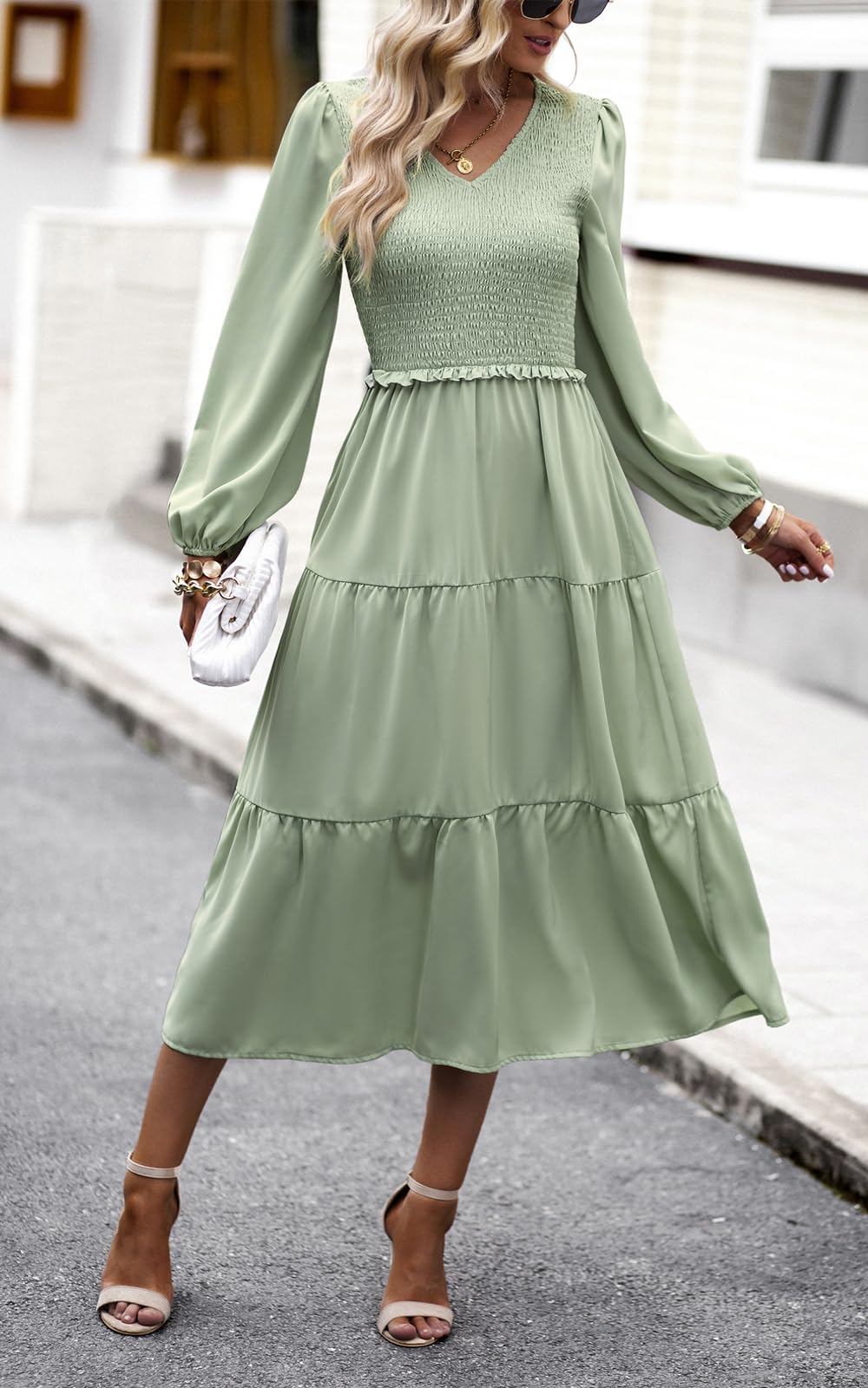 Women's 2025 Casual Long Sleeve Midi Dress - Crew Neck, High Waist, Tiered & Smocked Design for Spring & Fall | Perfect for Office, Date Night & Weekend Outings