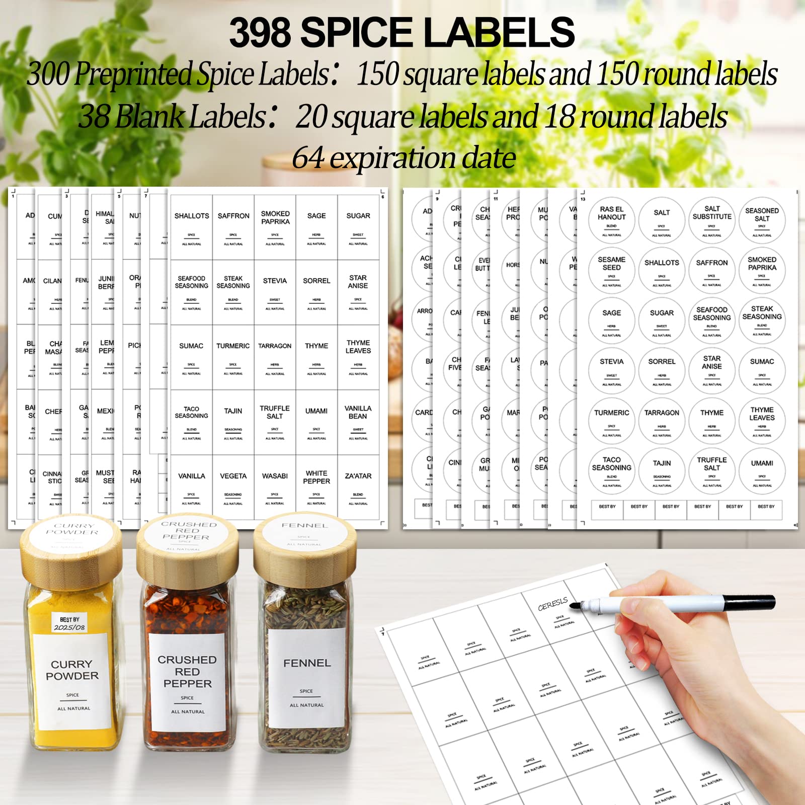 AISIPRIN 24-Piece 4oz Glass Spice Jars with 398 Labels - Square Spice Containers with Bamboo & Shaker Lids - Perfect for Kitchen Cabinet, Pantry Organization & Spice Rack Storage - Ideal for Home Chefs & Seasoning Enthusiasts