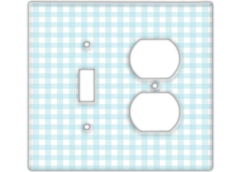 Blue Gingham Decorative Wall Switch Cover Plate - Double Outlet/Toggle Switch Left - Stylish Checkered Pattern for Bedroom, Kitchen, or Living Room Decor