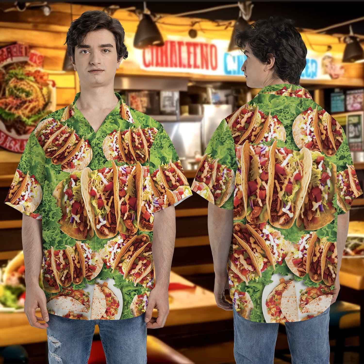 Men's Tacos Hawaiian Shirts - Mexican Traditional Food Print Short Sleeve Button Down Shirt for Summer Beach Party, Vacation & Casual Wear