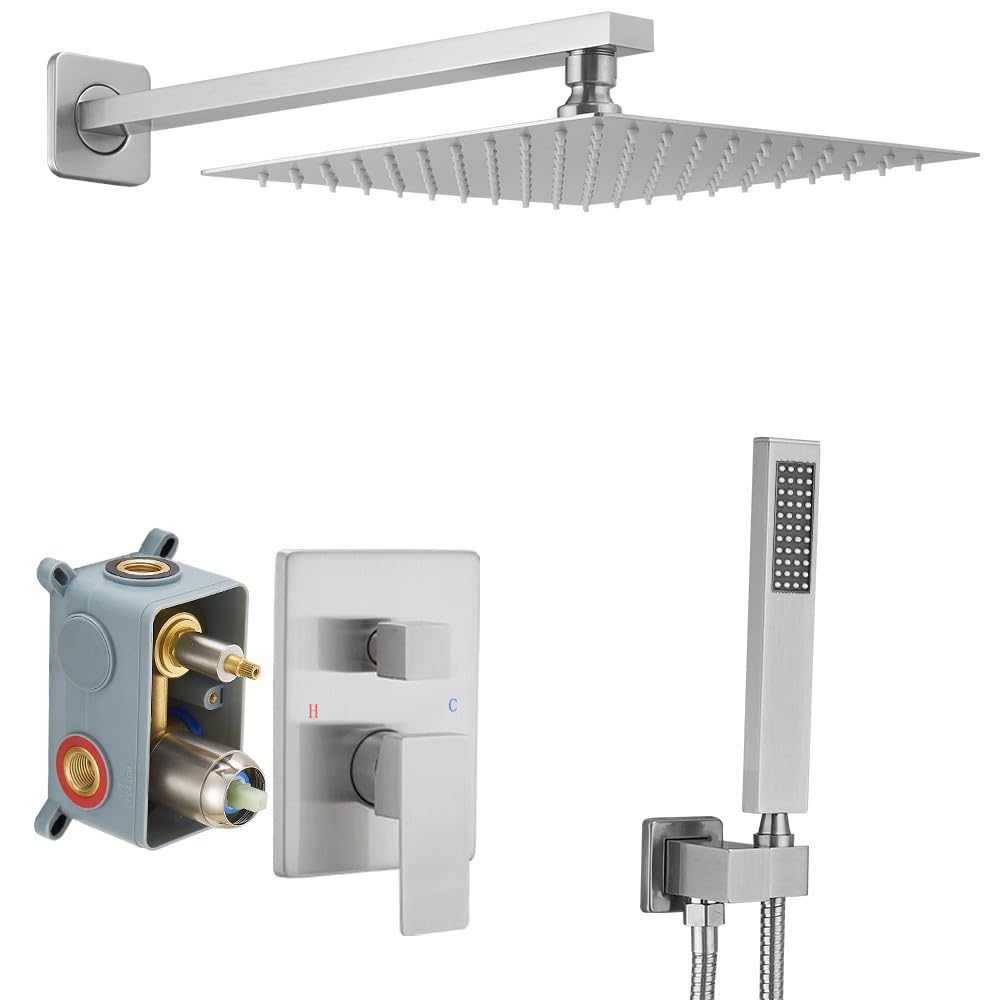 Luxury Brushed Nickel Shower System - 10 Inch Wall Mounted Rainfall Shower Head & Handheld Combo Set with Rough-in Valve (Body & Trim Included) | Perfect for Modern Bathrooms & Spa-Like Experience