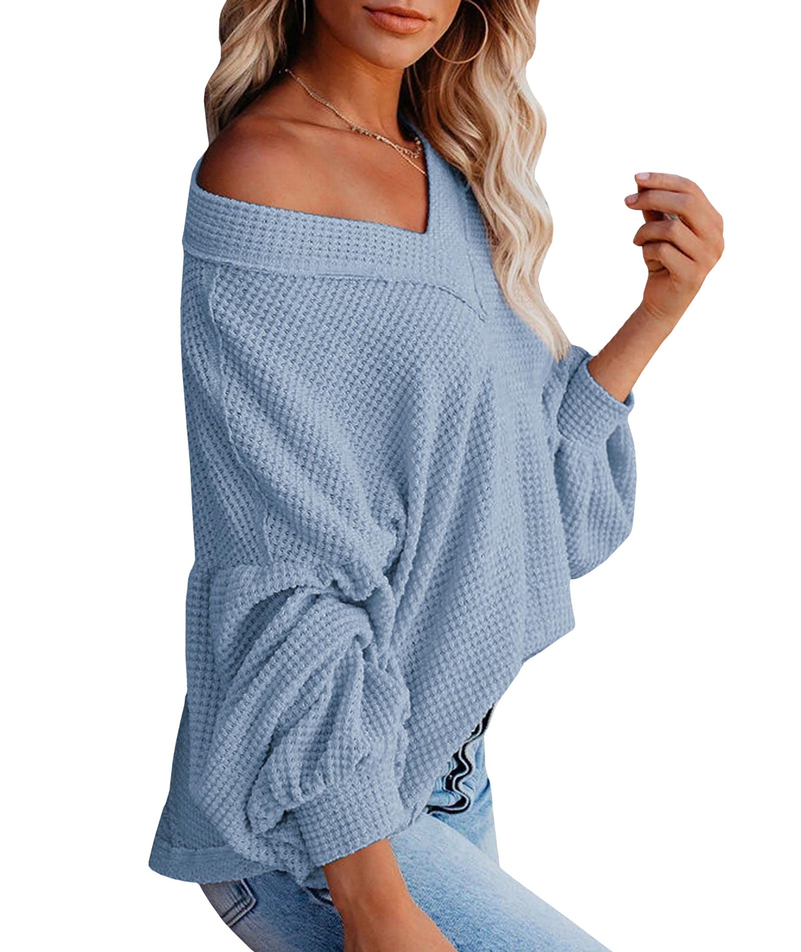 Sexyshine Women's V-Neck Long Lantern Sleeve Oversized Waffle Knit Sweater - Cozy Winter Pullover for Fall & Casual Outfits | Perfect for Date Nights, Office Wear & Holiday Gatherings