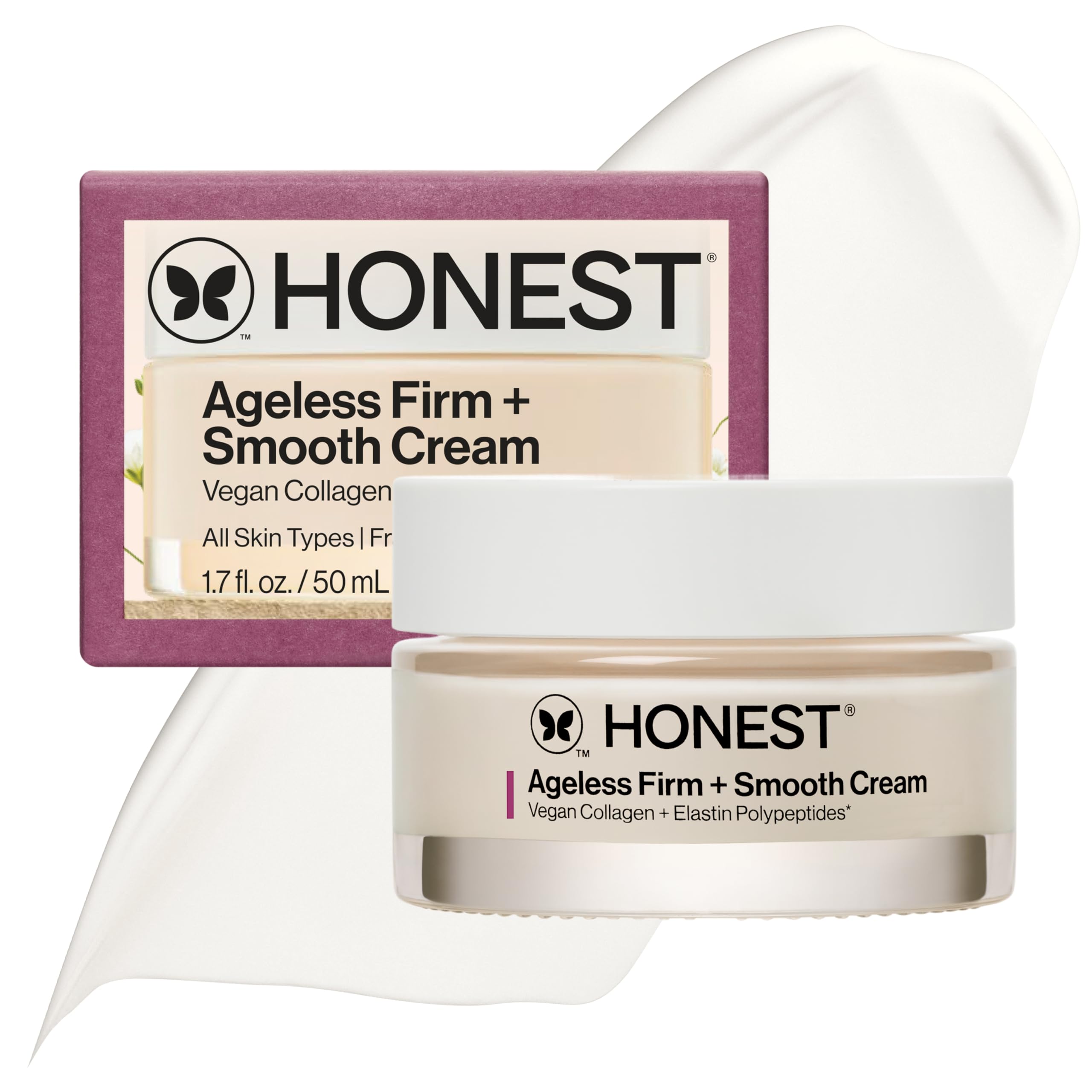 **Honest Beauty Ageless Firm and Smooth Cream – Vegan Collagen & Elastin Polypeptides for Firmer, Smoother Skin | Fragrance-Free, EWG Verified, Vegan, Cruelty-Free | 1.7 fl oz | Perfect for Daily Anti-Aging Skincare Routine**