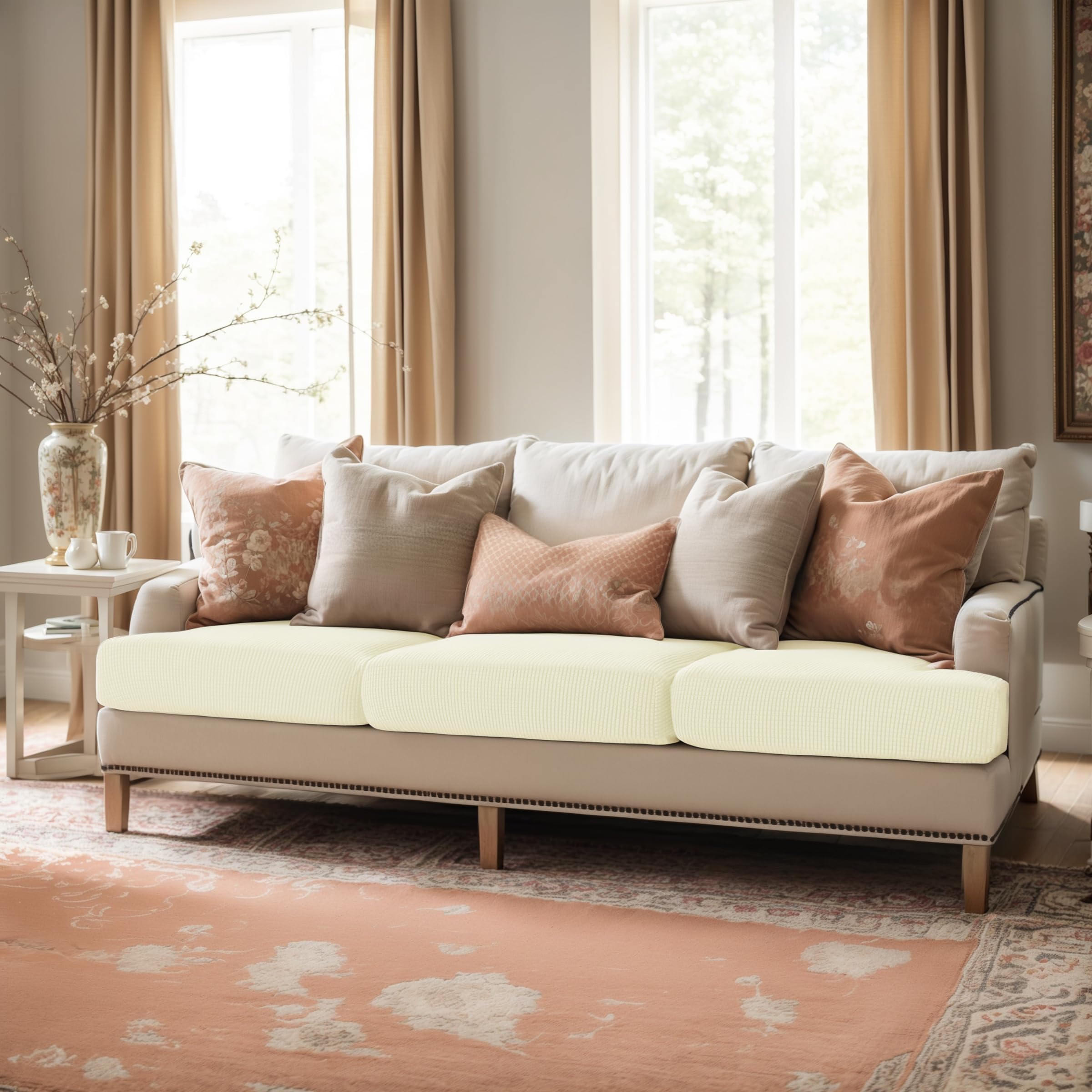 Stretch Couch Cushion Covers 3-Pack - Elastic Spandex Sofa Slipcovers for Loveseat, RV & Chair - Breathable Furniture Protector (Ivory) - Perfect for Home, Office & Travel Use