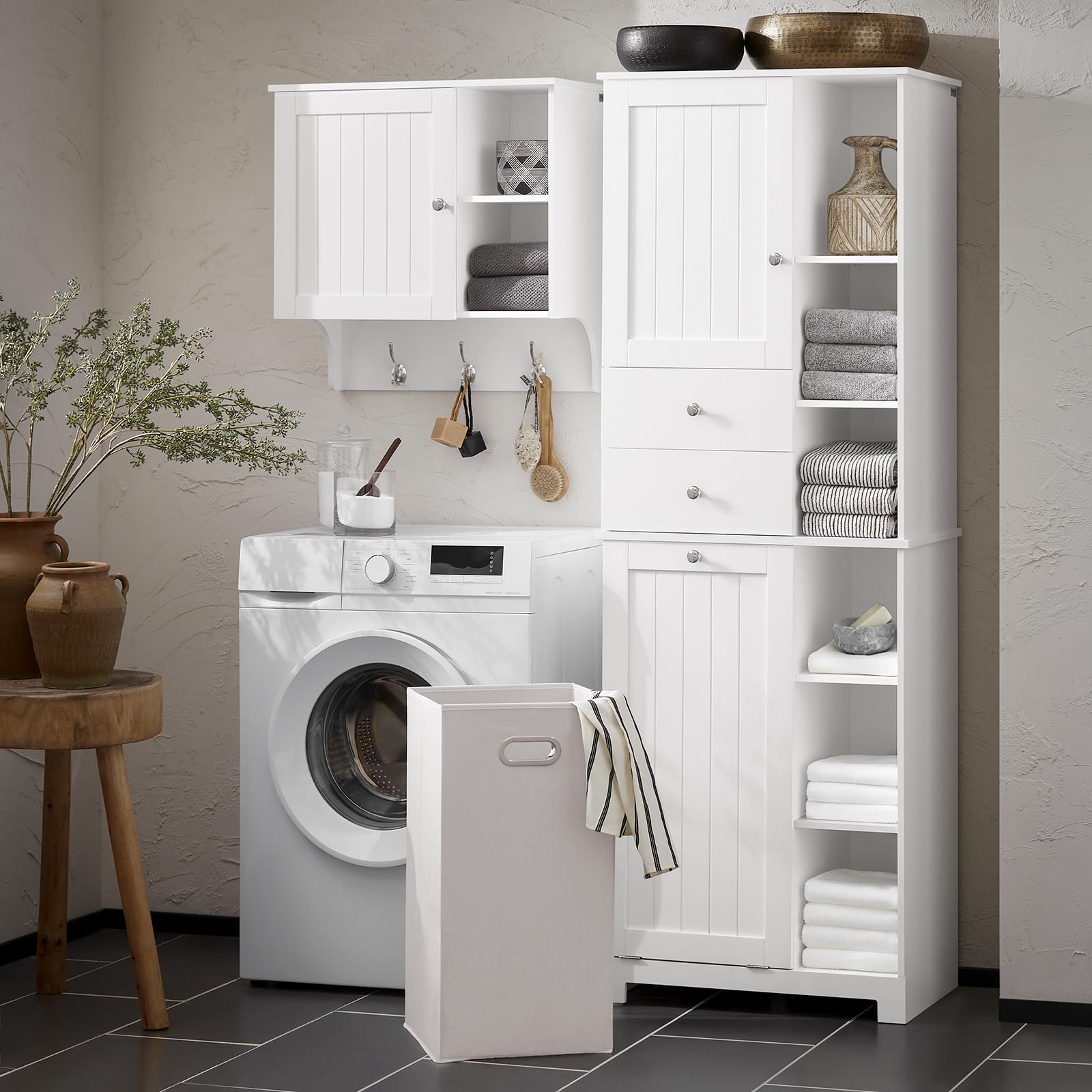 Haotian Tall Laundry Storage Cabinet - Freestanding Organizer with Removable Baskets, Multi-Compartment & Drawers - Perfect for Bathroom, Laundry Room, Closet Organization - White (BZR104-W)