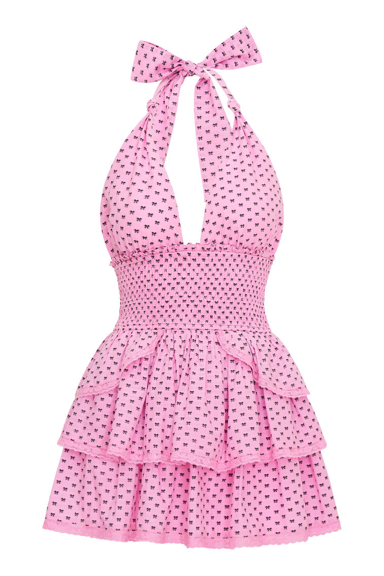 Deanna Cotton Bow Mini Halter Dress for Women - Summer Floral Sundress with Adjustable Straps | Perfect for Beach Vacation, Date Night & Outdoor Parties