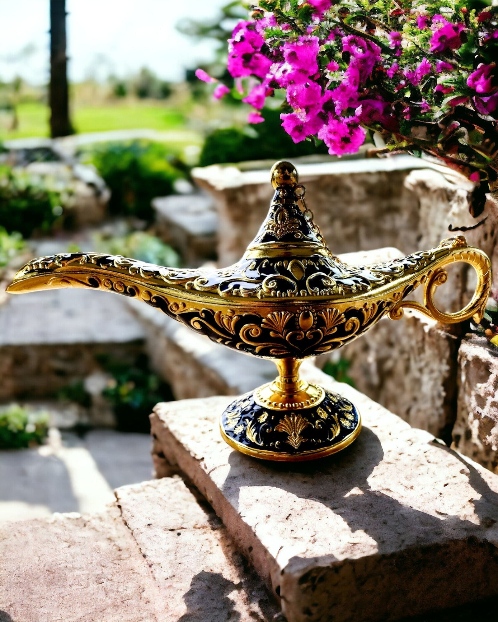 Custom Engraved Magic Aladdin Lamp - Dark Navy & Gold Accent Genie Lamp for Home Decor, Gift, Arabian Nights Theme Party, Meditation Room & Fantasy Collection