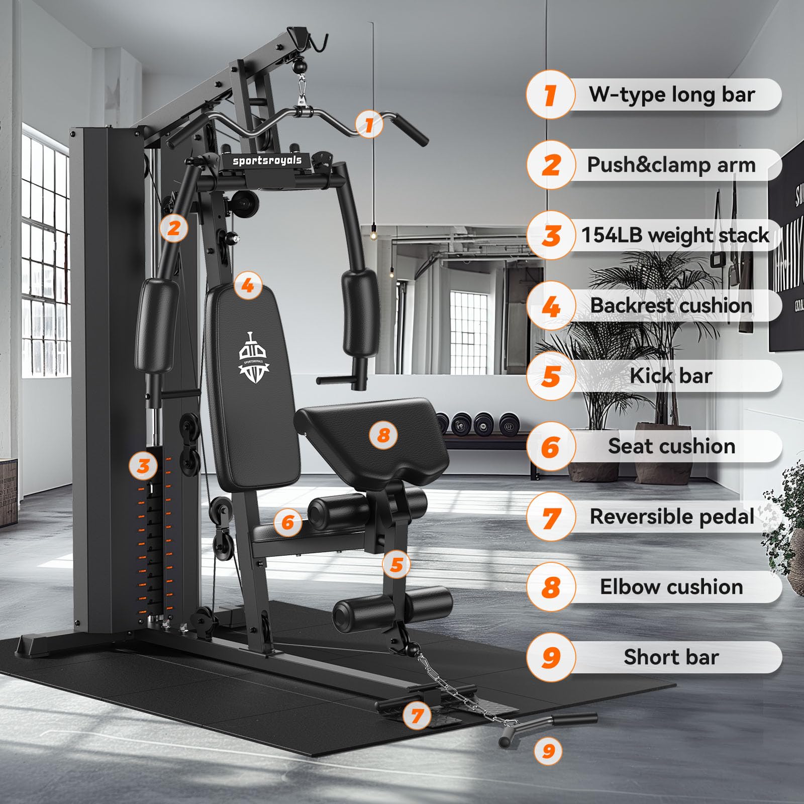 Sportsroyals Multifunctional Home Gym Equipment - 154LBS Weight Stack, Full Body Workout Station with Pulley System for Strength Training | Perfect for Home Fitness, Muscle Building & Cardio Exercises
