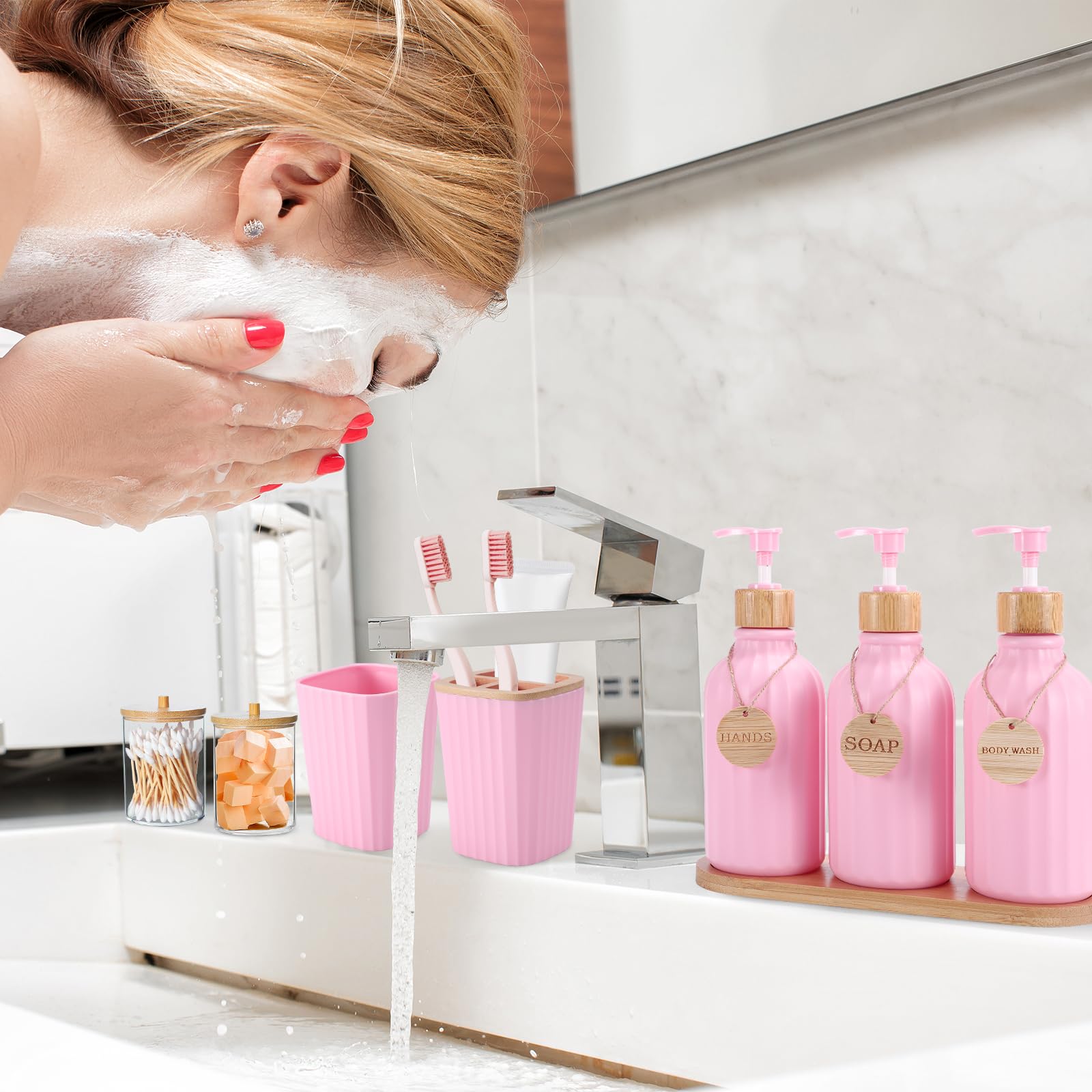 17PCS Pink Bathroom Accessories Set with Trash Can, Soap Dispenser, Toothbrush Holder & Tray - Modern Bath & Kitchen Organization for Home, Spa, Hotel Decor