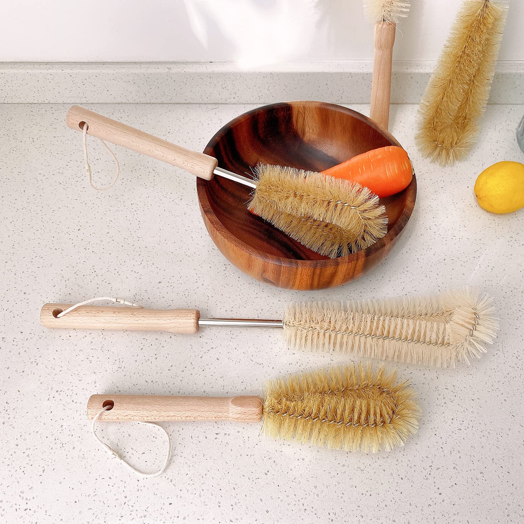 2 Pack Natural Bristle Bottle Cleaning Brushes - 10 Inch V-Shaped Design with Beech Wood Handle | Heavy Duty Kitchen Scrubber for Dishes, Cups, Pans, Vegetables, Sinks & Kettles | Perfect for Home, Restaurant and Commercial Use