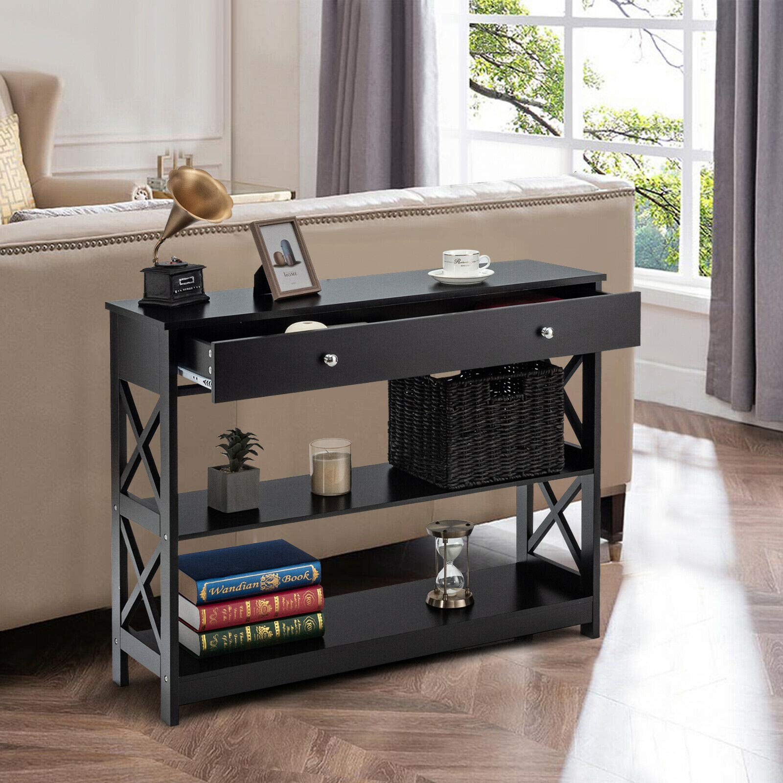 Modern Style Console Table with Storage Drawers & Shelves - Sturdy Durable Sofa Accent Desk for Living Room, Hallway, Entryway - Perfect for Home Decor & Organization (Black)