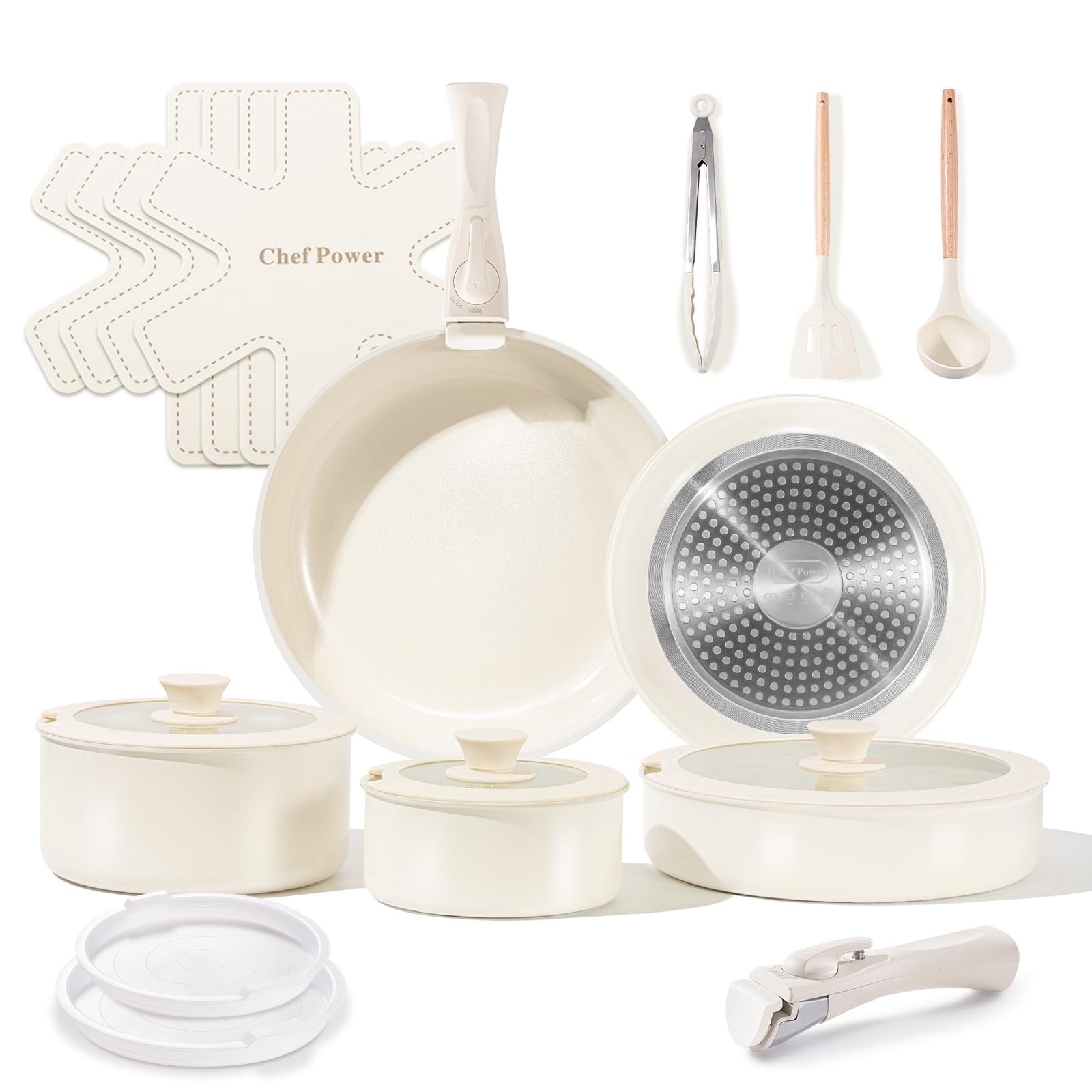 Premium 19-Piece Ceramic Non-Toxic Cookware Set - PFAS/PFOA/PTFE Free, Detachable Handles, Induction & Oven Safe (Cream White) | Healthy Nonstick Kitchen Pots & Pans for Everyday Cooking, Baking & Family Meals | Dishwasher Safe for Easy Cleaning