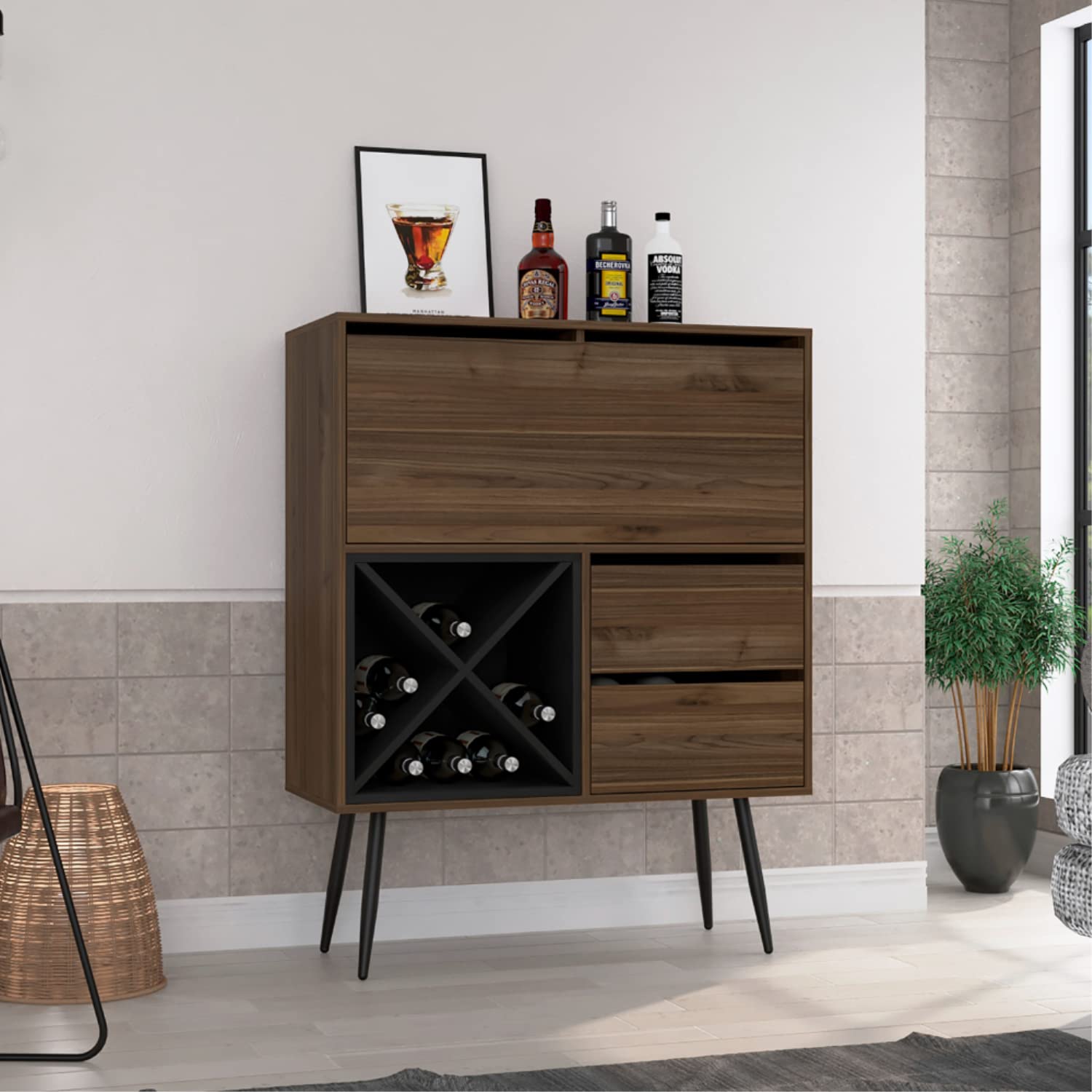 Thistle Bar Cabinet with 2 Drawers & 4 Double Racks - Mahogany/Black Storage Furniture for Liquor & Glassware - Perfect for Home Bar, Dining Room, or Entertainment Area