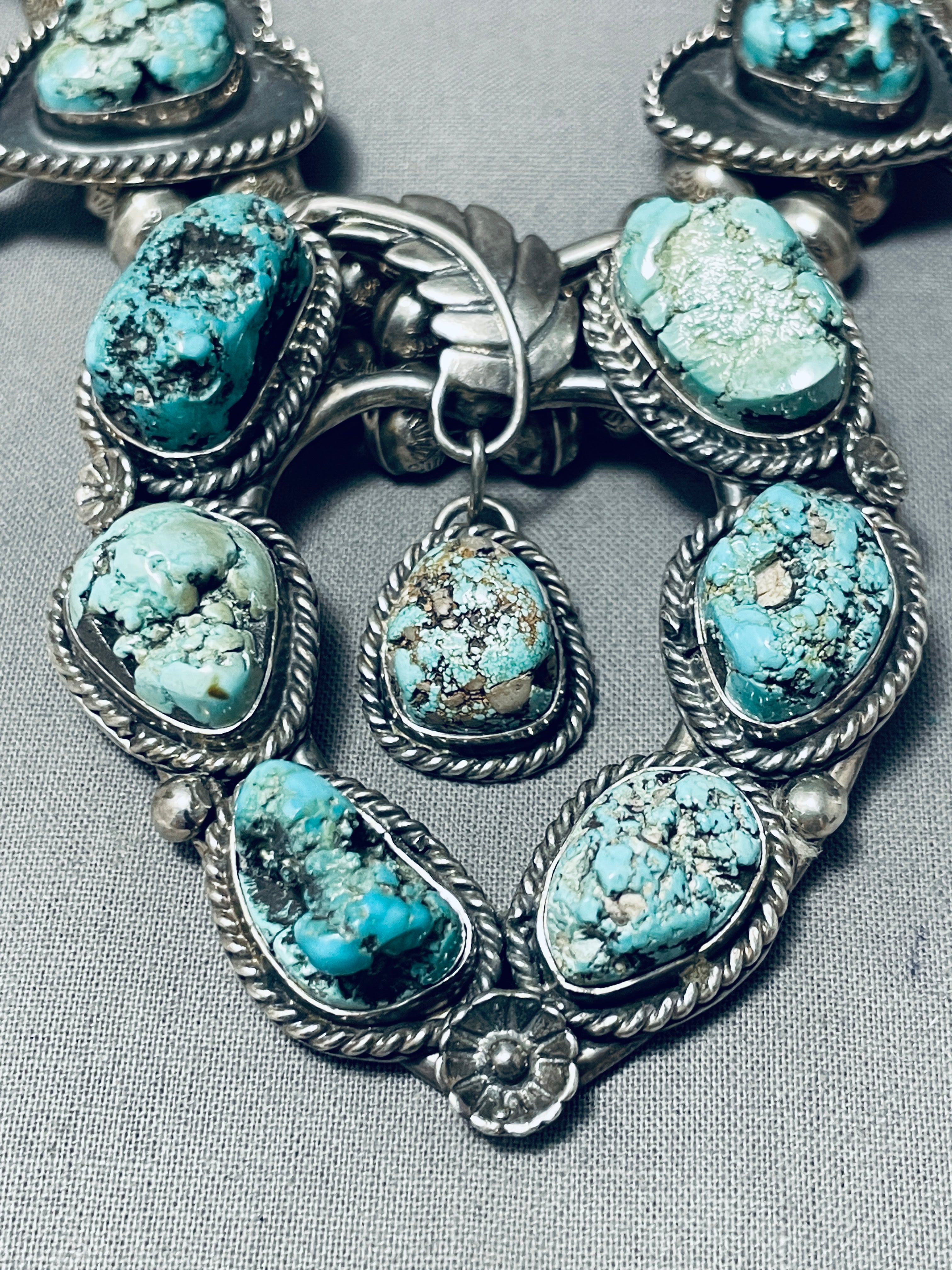 191 Gram Vintage Native American Navajo Turquoise Sterling Silver Squash Blossom Necklace - Handcrafted Jewelry for Women, Perfect for Boho Fashion, Weddings & Special Occasions
