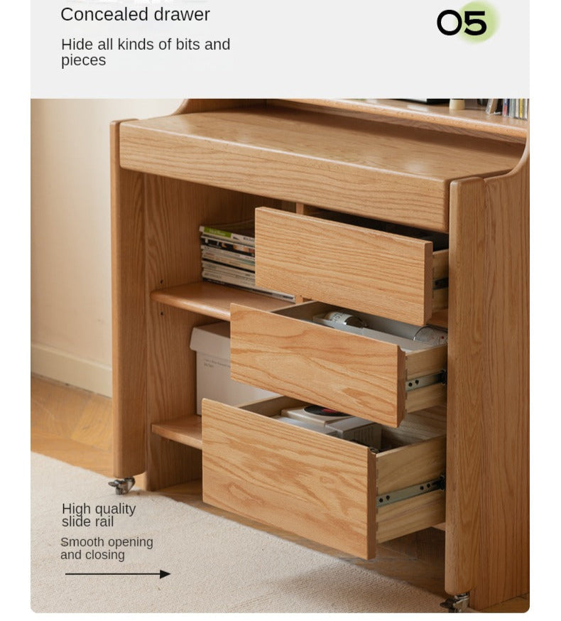 Solid Oak Wood Modern Retractable Desk with Integrated Bookcase - Home Office, Study Room, and Workspace Solution