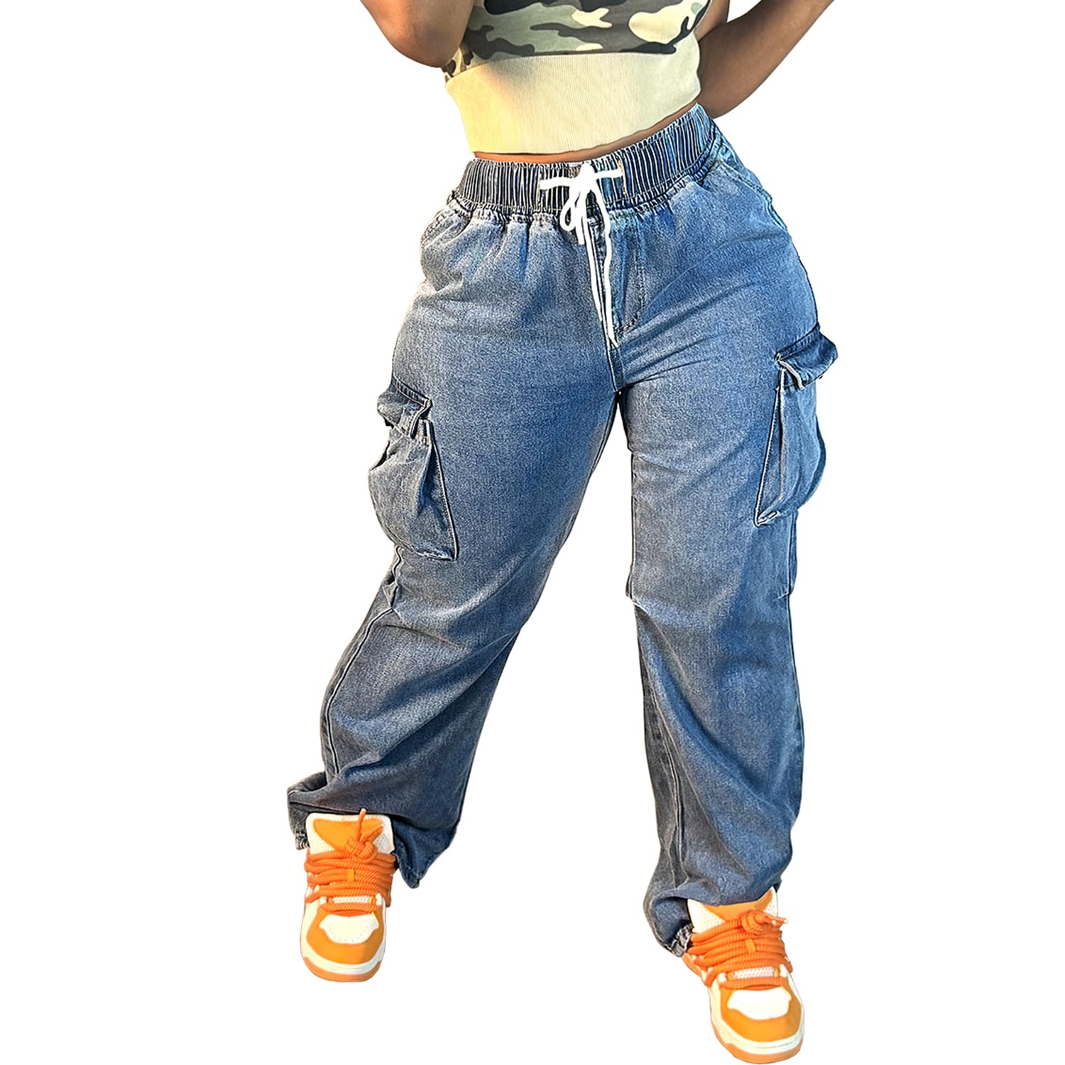 Women's Mid Rise Cargo Jeans - Stretch Wide Leg Pants with Pockets | Y2K Streetwear for Casual Outings