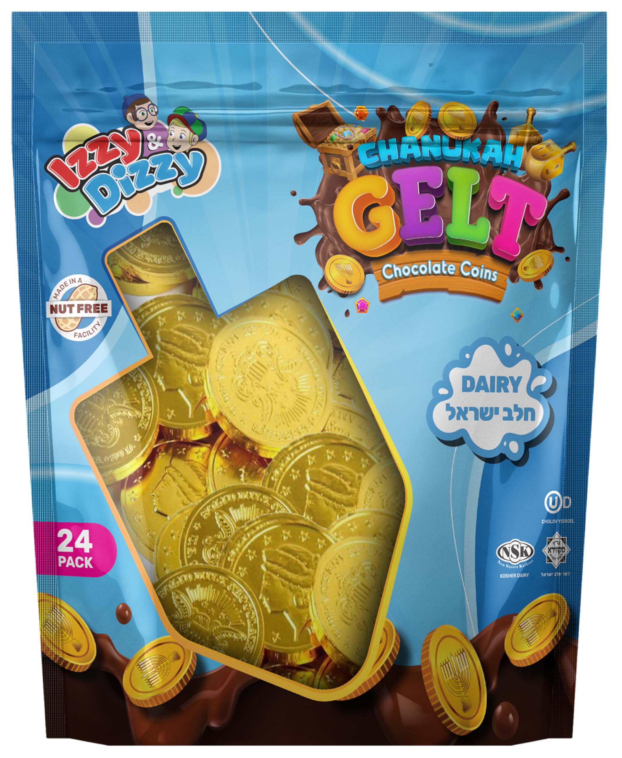 Kosher Milk Chocolate Hanukkah Gelt Coins - Nut Free Dairy, Menorah Embossed - 25 Pack for Hanukkah Celebrations, Party Favors, and Holiday Gift Giving