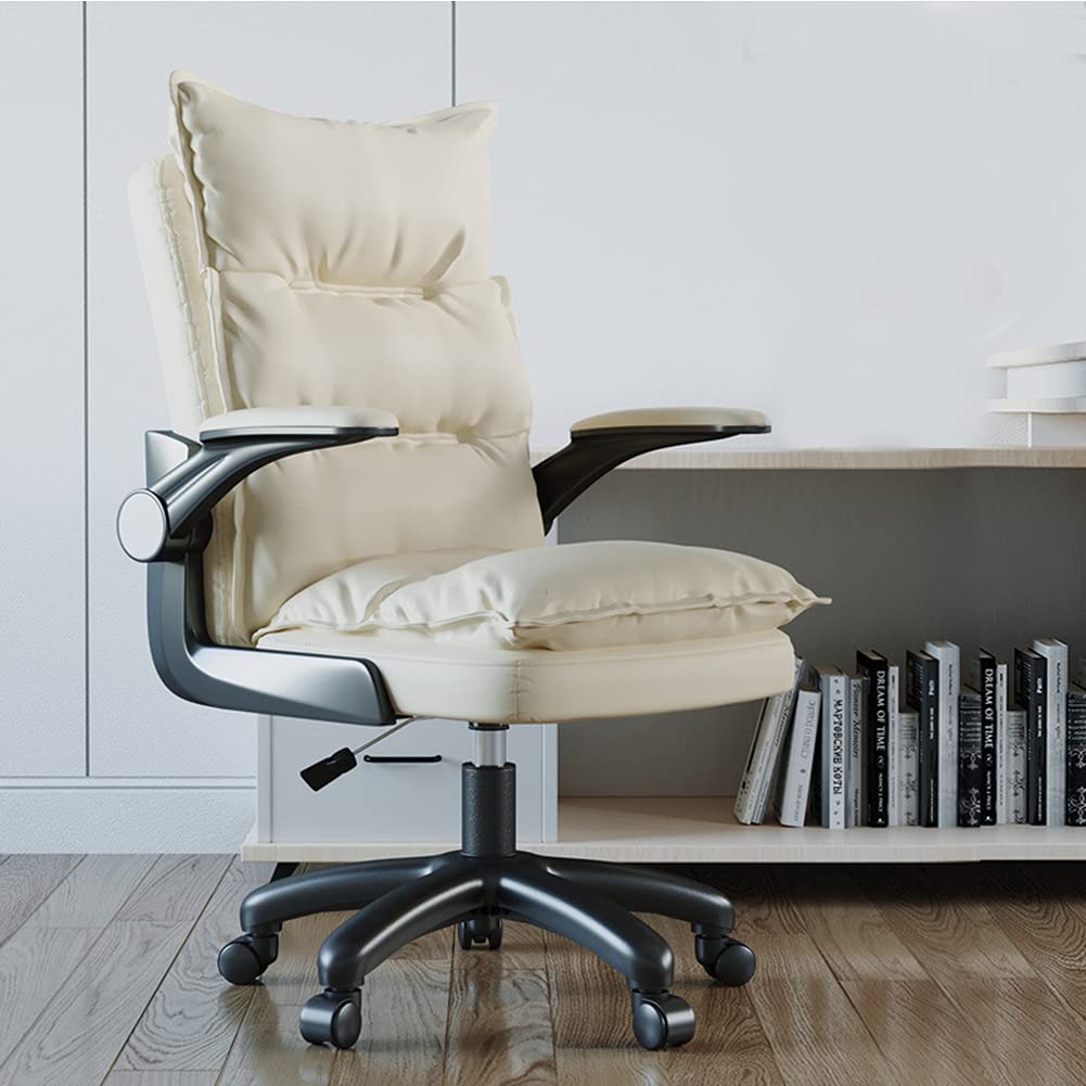 Ergonomic Office Chair - High Back PU Leather Executive Desk Chair with Adjustable Height, Flip-Up Armrests & Lumbar Support - Beige Modern Computer Chair for Home Office & Workspace Comfort
