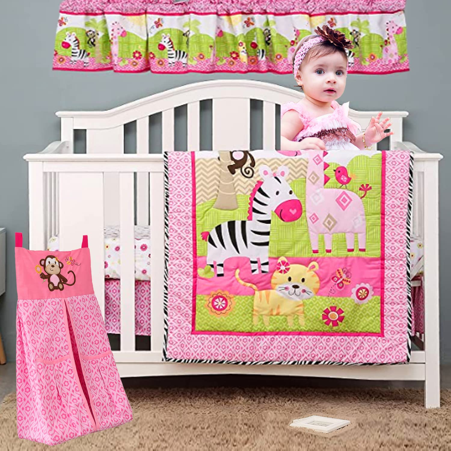 Pink Floral Animal Print Nursery Window Valance for Baby & Toddler Girls - Cute Wild Animal Design Kids Room Decor - Perfect for Bedroom, Playroom & Nursery Windows