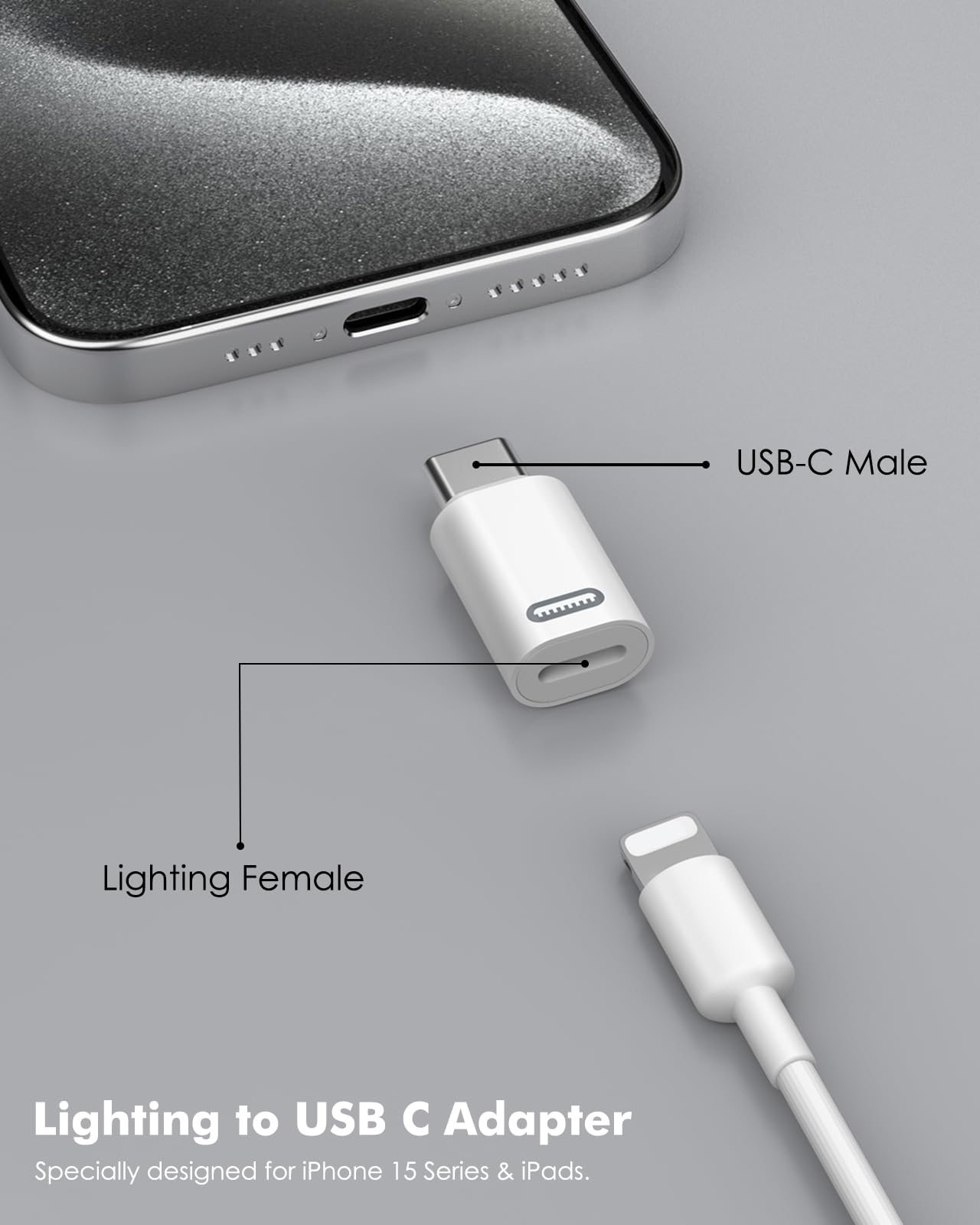 MoKo 2-Pack Lightning to USB C Adapter, USB-C to Lightning Converter for iPhone 15/16 Pro/16 Pro Max/Plus, Galaxy S24, iPad Pro/Air - Fast Charging & Data Sync (White) - Perfect for Travel, Office & Home Charging Stations
