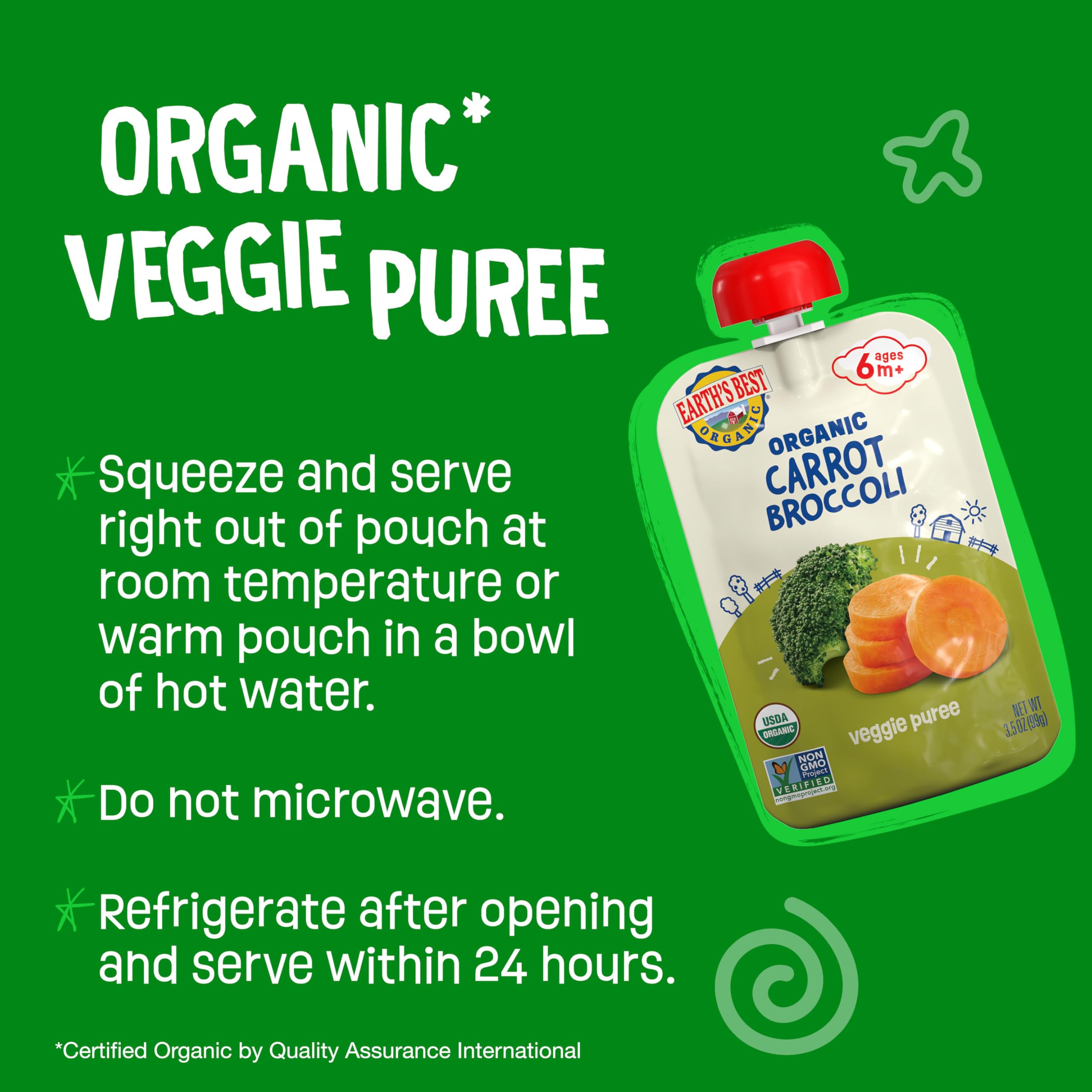Earth's Best Organic Baby Food Pouches - Carrot & Broccoli Puree for Infants 6+ Months | USDA Certified, BPA-Free, Resealable 3.5oz Pouch (Pack of 12) | Ideal for On-the-Go Feeding, Daycare & Travel Snacks