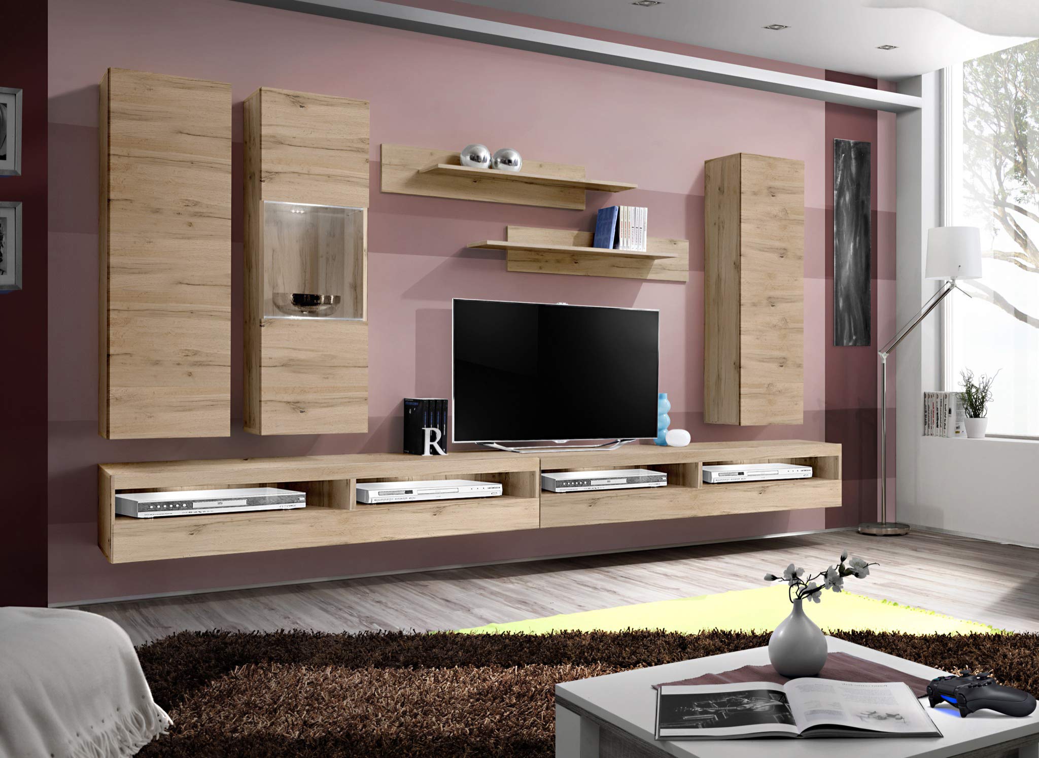 Modern Oak TV Stand Wall-Mounted Entertainment Center with Storage Shelves - 35
