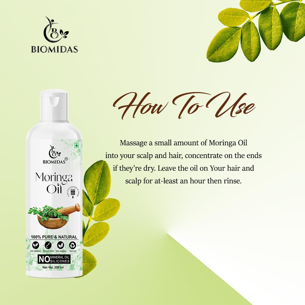 Biomidas 100% Pure Cold Pressed Moringa Oil for Hair Growth, Skin Moisturizer & Anti-Aging Face Care - 200ml (Pack of 1) | Natural Hair Treatment, Dry Skin Relief & Wrinkle Reduction | Perfect for Daily Beauty Routine & DIY Skincare Recipes