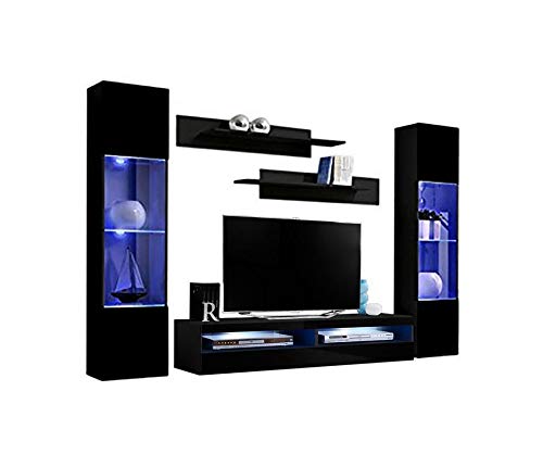 Modern Black Wall-Mounted TV Stand with Storage Shelves & LED Lights - 35