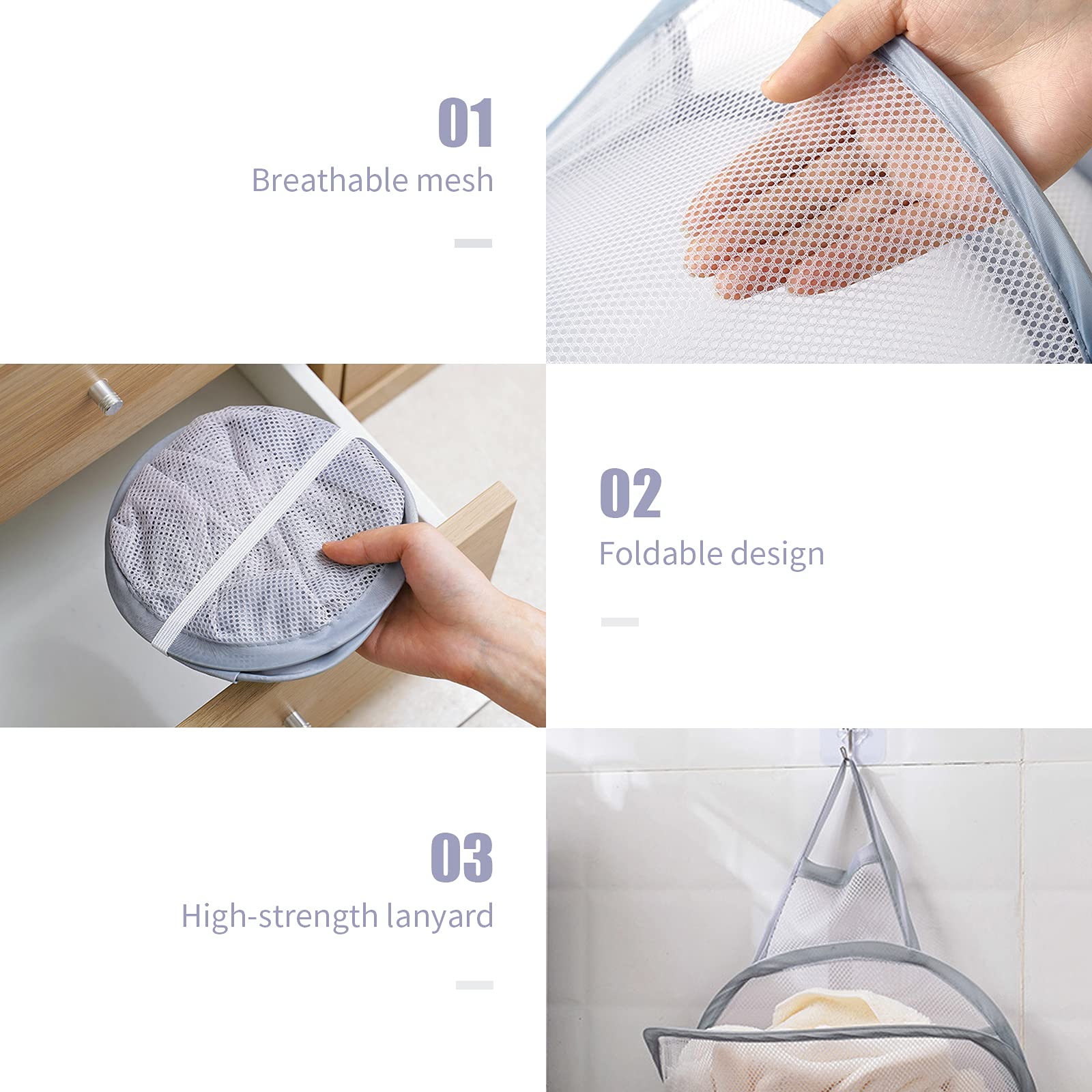 Pop-up Hanging Laundry Hamper 2 Pack - Foldable Mesh Laundry Basket, Collapsible Wall Mounted Storage Bag for Dorm, Closet & Bathroom Organization - Grey & White - Perfect for College, Travel & Small Spaces