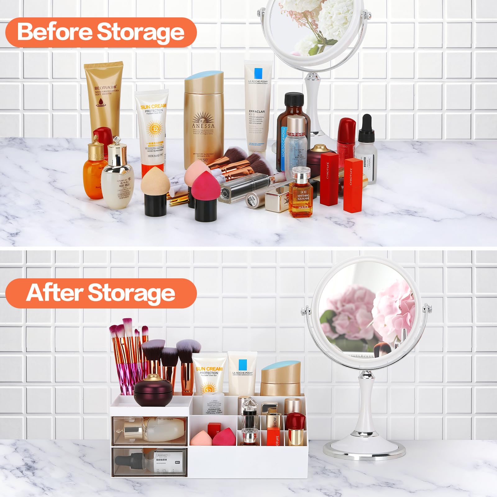 LETURE Desk & Vanity Organizer Box - White Cosmetic Makeup Storage for Eyeshadows, Skincare, Concealers, Powders & Nail Polish | Perfect for Bathroom Counter, Dressing Table & Office Desk Organization