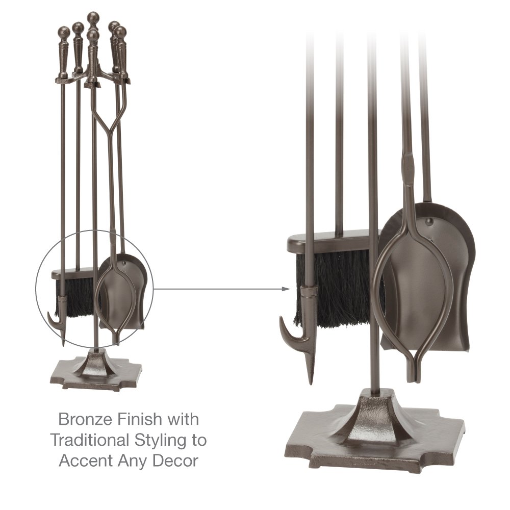 Uniflame F-1634 5-Piece Bronze Fireplace Tools Set with Ball Handles & Pedestal Base - Durable Fireplace Accessories for Home, Patio & Outdoor Fire Pits