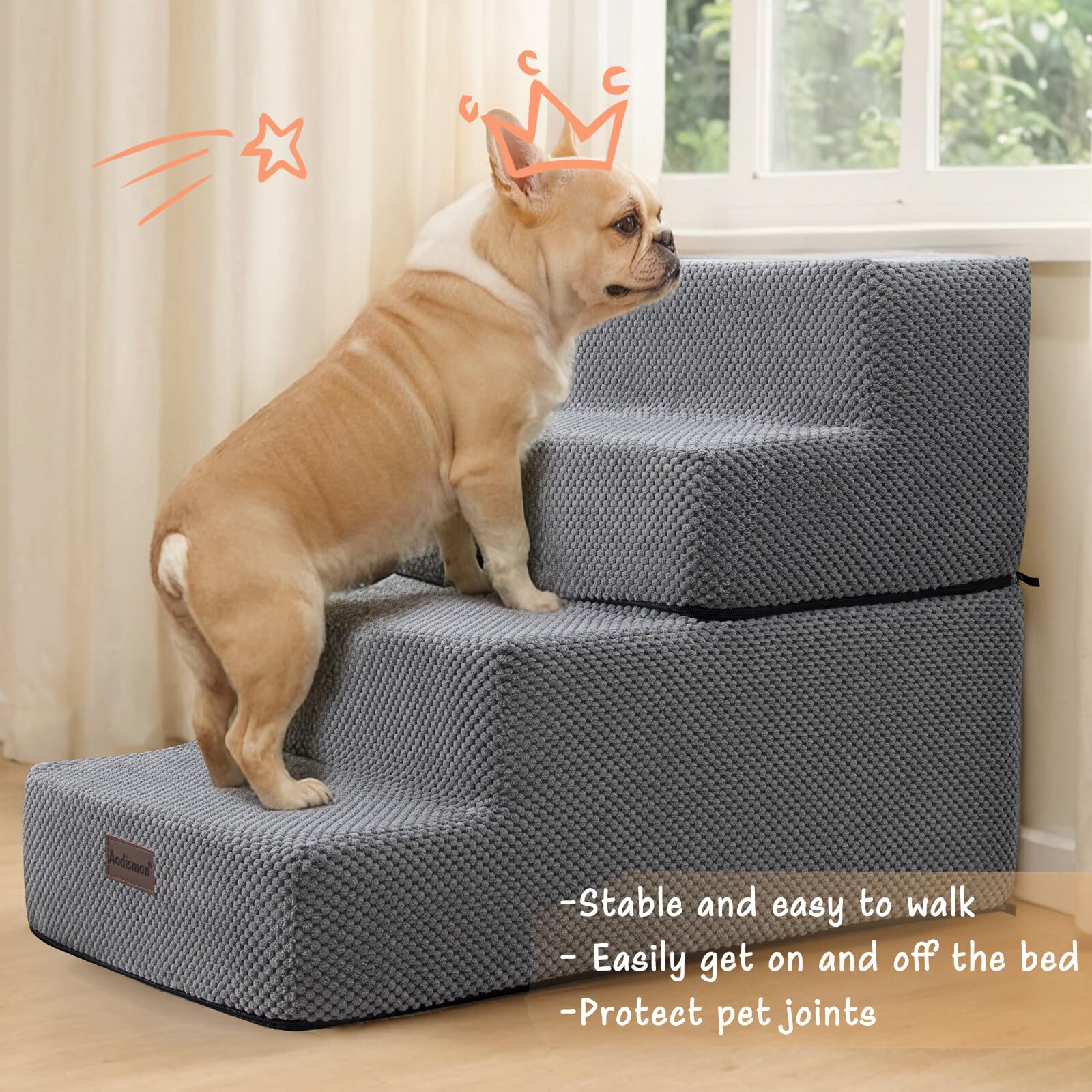 4-Step Non-Slip Pet Stairs for Small Dogs & Cats - Grey Pet Steps for Beds & Couches (18.5