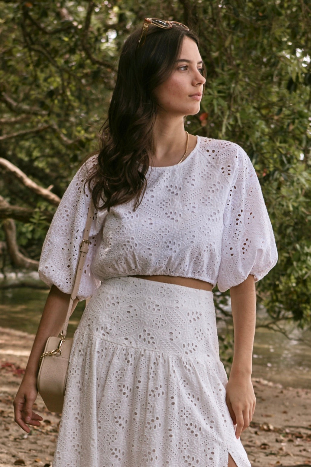 Embellished White Broderie Anglaise Cropped Puff Sleeve Blouse - Women's Vintage Boho Chic Top for Summer, Beach, and Casual Outings