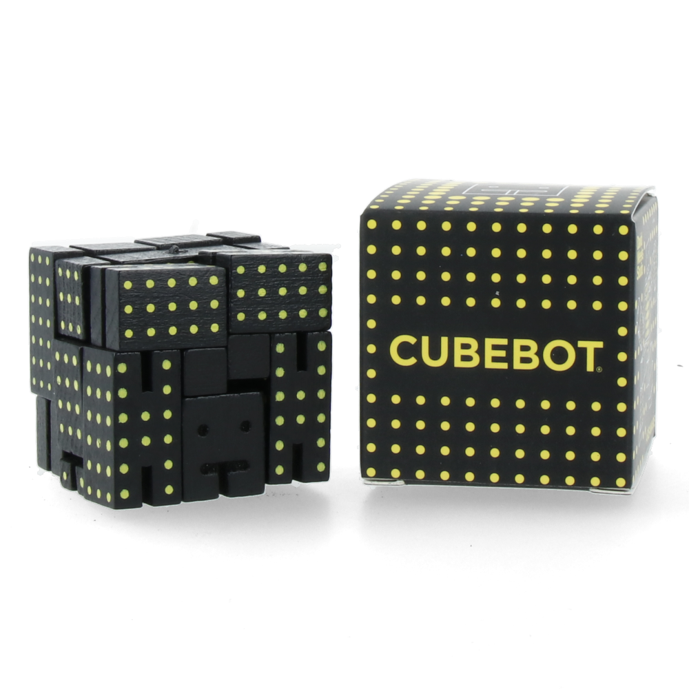 Cubebot Micro Dot Black & Yellow - Mini Wooden Puzzle Robot Toy for Kids & Adults - Perfect for Office Desk Decor, Stress Relief & Creative Play