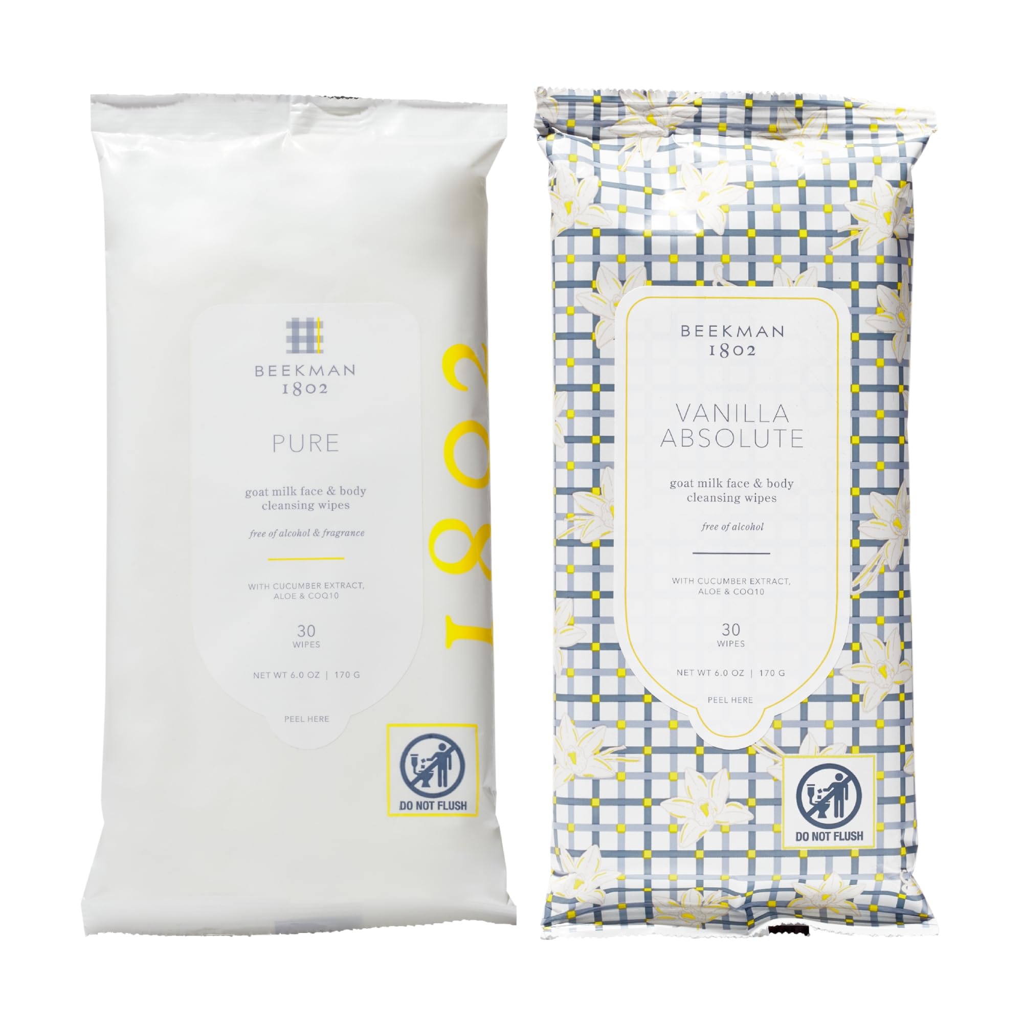Beekman 1802 Fragrance Free & Vanilla Scented Face & Body Wipes (60 Count) - Hypoallergenic for Sensitive Skin, Cruelty Free - Perfect for Travel, Gym & On-the-Go Cleansing