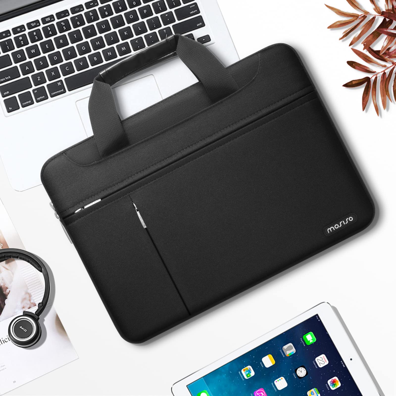 MOSISO 360 Protective Laptop Shoulder Bag for MacBook Air 13/Pro 13-14 inch - Waterproof Travel Computer Case with Front Pockets & Adjustable Strap - Perfect for Work, School & Business Trips (Black)