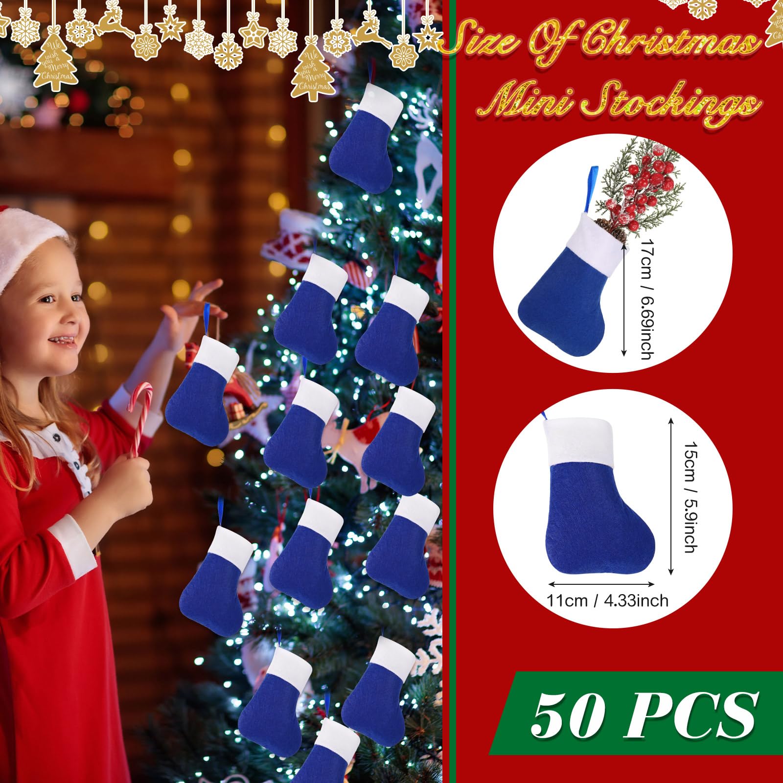 50 Pcs Mini Christmas Stockings Bulk - 5.9 x 3.2 Inch Holiday Decorations for Xmas Tree, Office, School & Church (Blue & White) - Perfect for Gift Exchange, Charity Donations & Festive Decorating