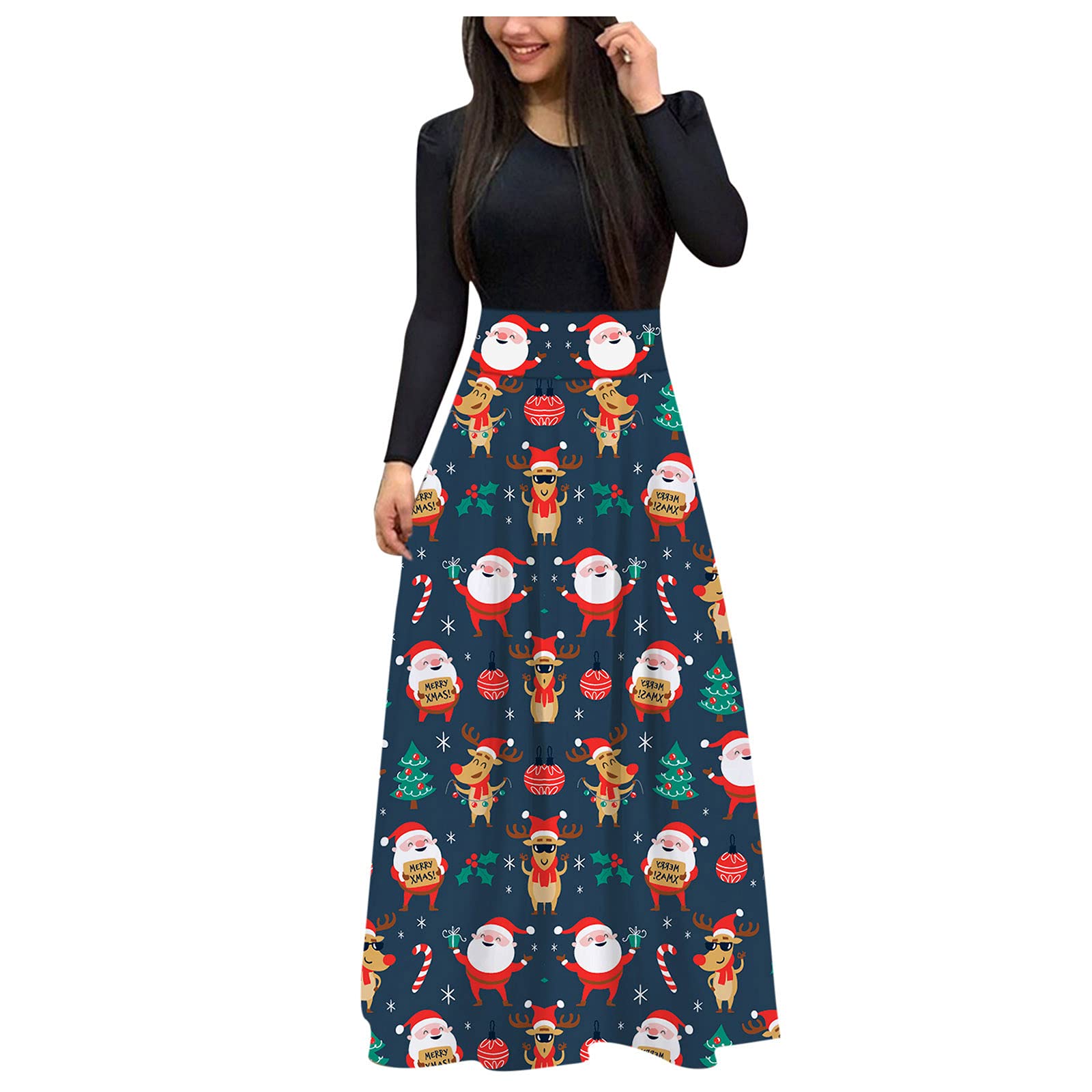 Elegant Pink Printed Long Sleeve Maxi Dress for Women - Round Neck Ankle-Length Loose Fit Casual Christmas Party Dress | Perfect for Holiday Gatherings, Date Nights & Special Occasions