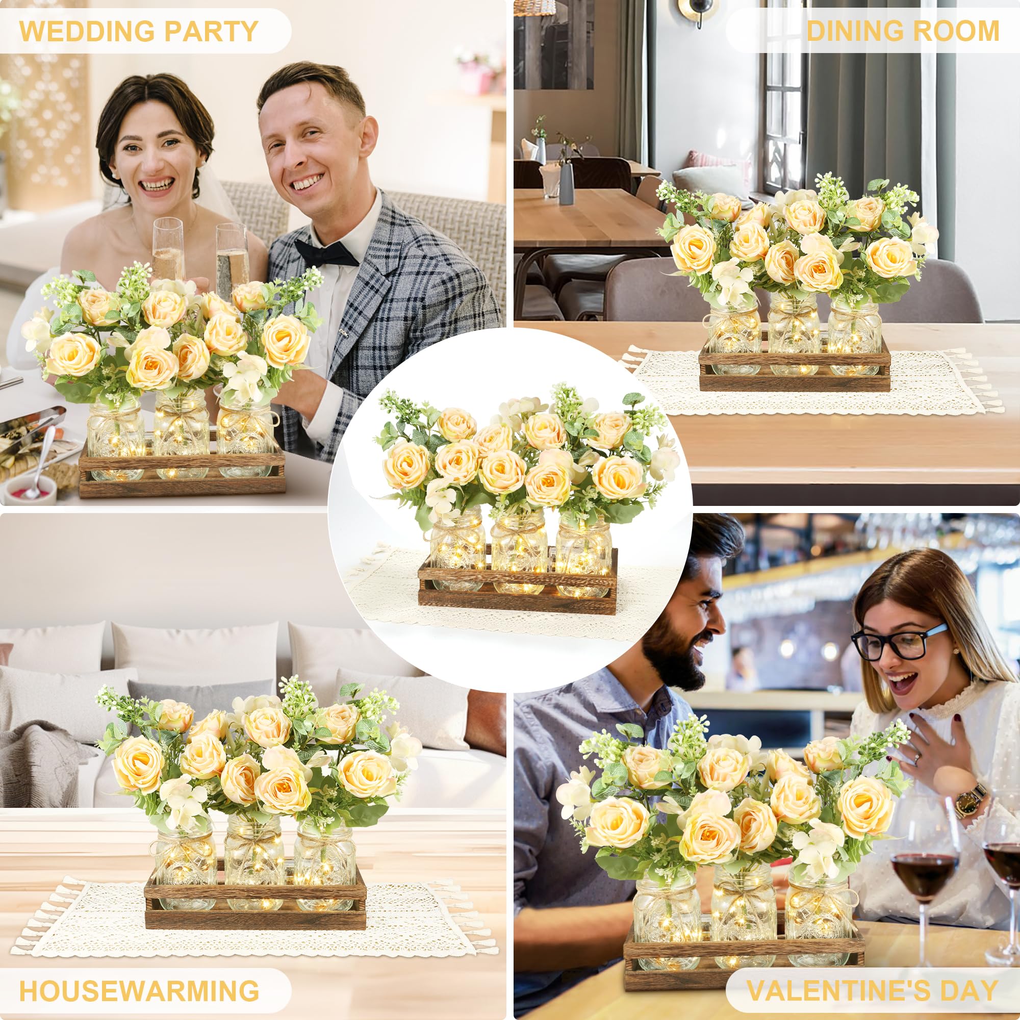 Rustic Mason Jar Lights with Wood Tray & Flowers - Farmhouse Table Centerpiece Decor for Kitchen, Dining Room, Living Room | Boho Table Runner & LED Lights for Cozy Home Ambiance