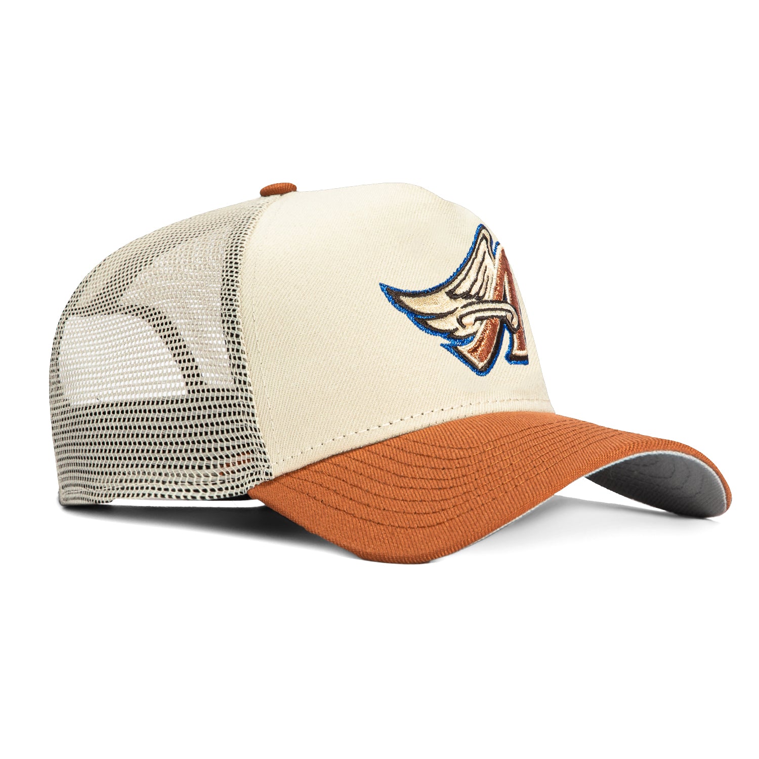 New Era 9Forty A-Frame Los Angeles Angels Snapback Trucker Hat - Adjustable Baseball Cap for Men & Women - Stone Brown - Perfect for Baseball Games, Outdoor Sports & Casual Wear