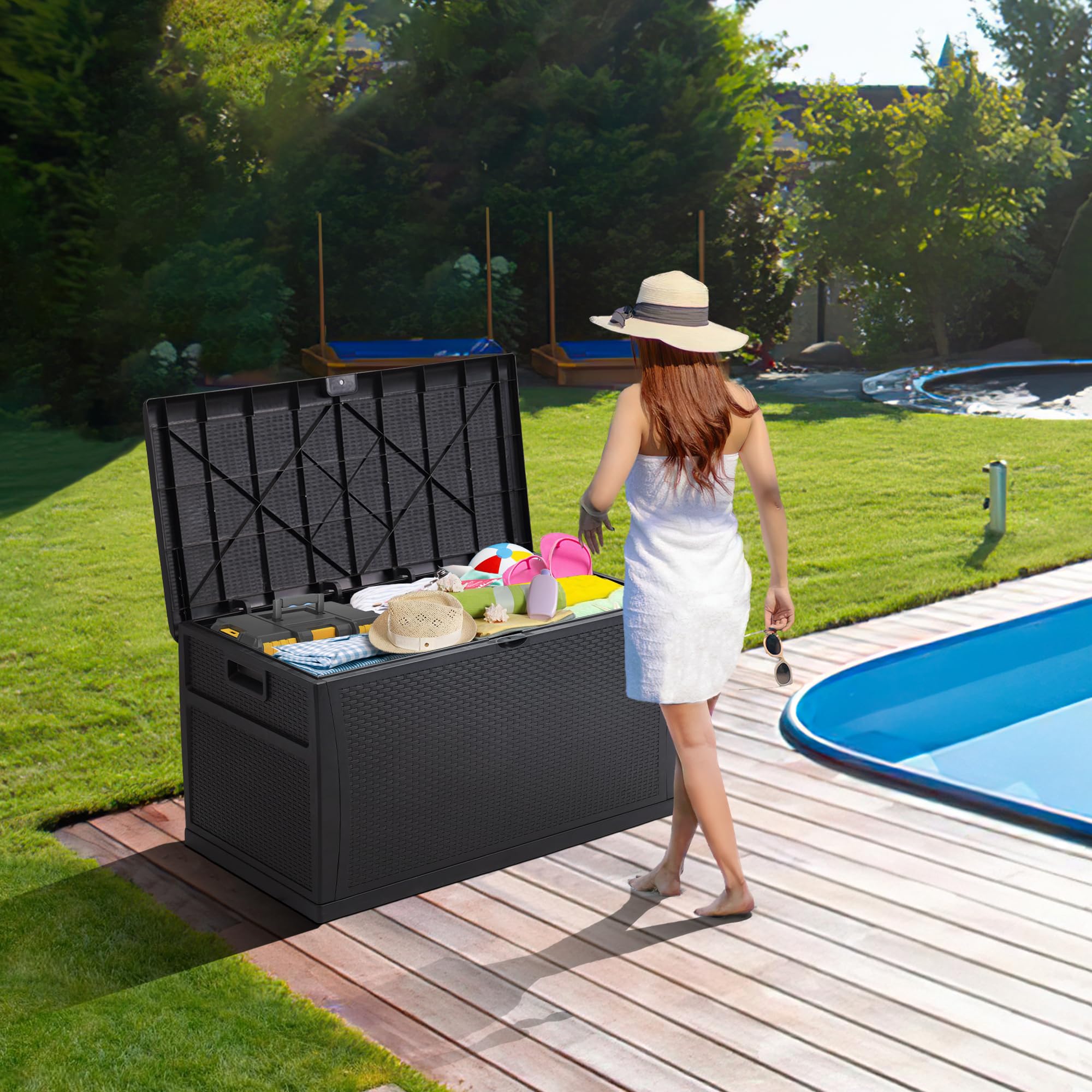 120 Gallon Resin Deck Box - Weatherproof Outdoor Storage Container for Patio, Garden, Pool & Yard - Lockable Waterproof Bin for Tools, Cushions, Toys & Accessories - Perfect for Organizing Outdoor Spaces - Black