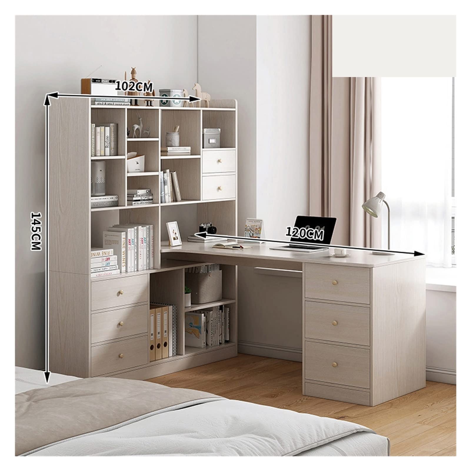 JUN-STORE Corner Desk with Bookshelf - All-in-One Computer Desk & Bookcase Combination for Home Office, Study Table (120x102x145cm, Assembly Required) - Perfect for Small Spaces, Dorm Rooms & Home Offices