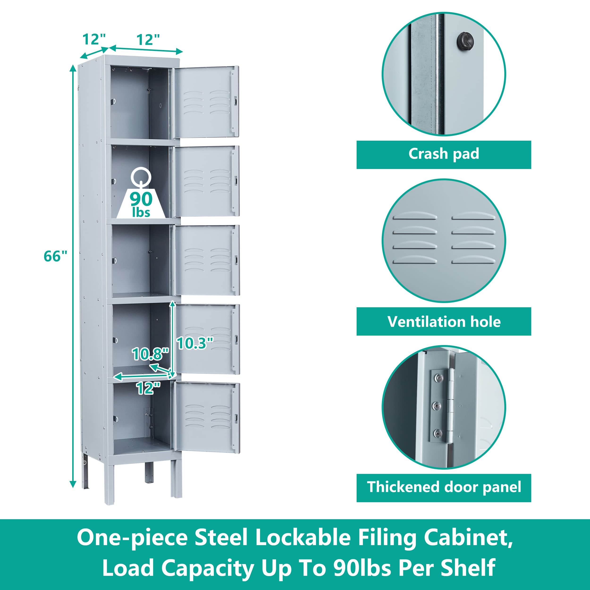 SESESOL 5-Door Metal Locker - Heavy Duty Steel Storage Cabinet for School, Office, Gym, Home & Shop - Secure Employee Lockers with Durable Gray Finish - Perfect for Locker Rooms, Storage Areas & Workspaces