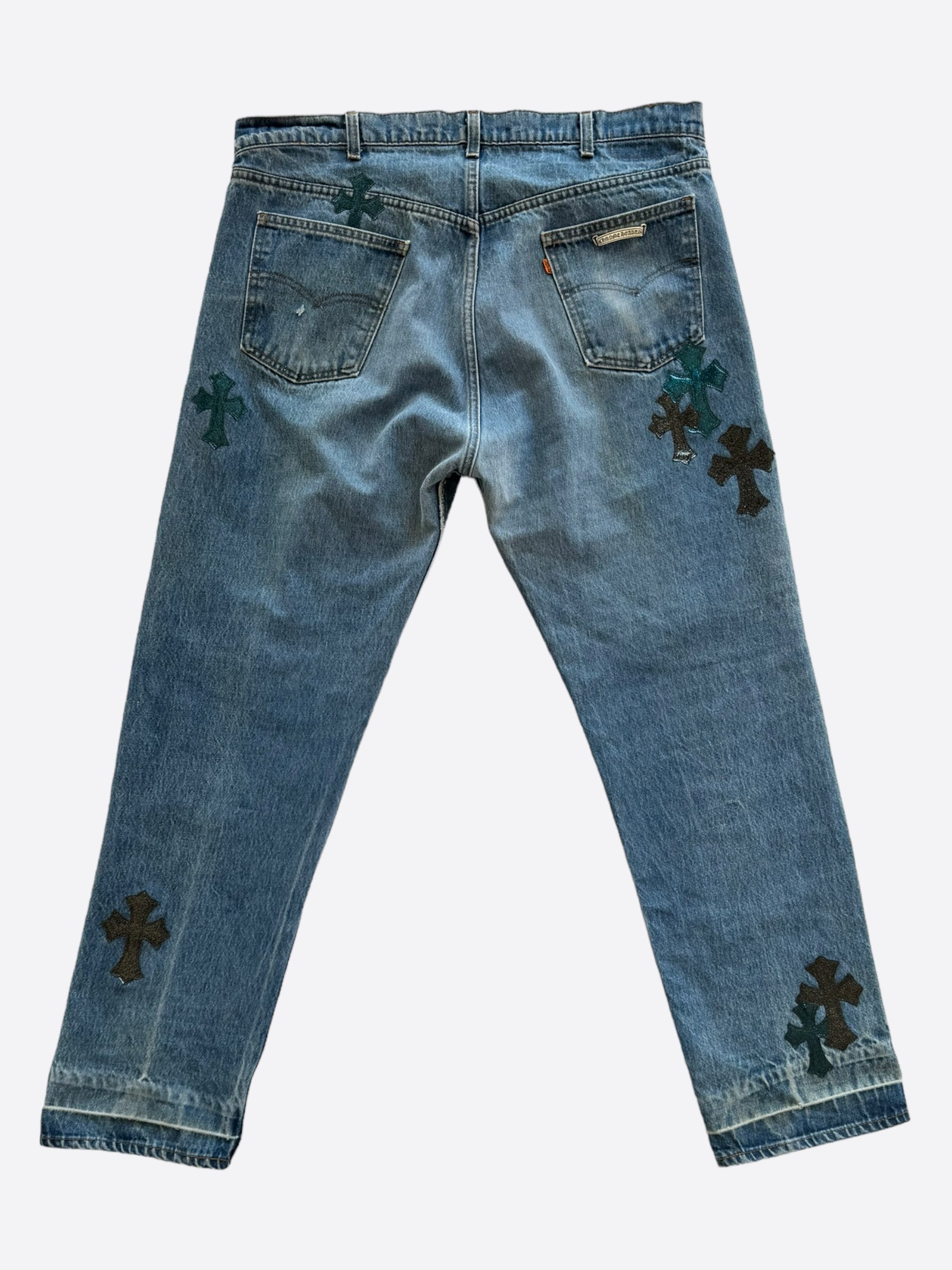 Chrome Hearts x Levi's St. Barth Blue Galaxy Patch Distressed Denim Jeans for Men - Vintage Designer Jeans with Unique Patches for Casual Wear & Street Style