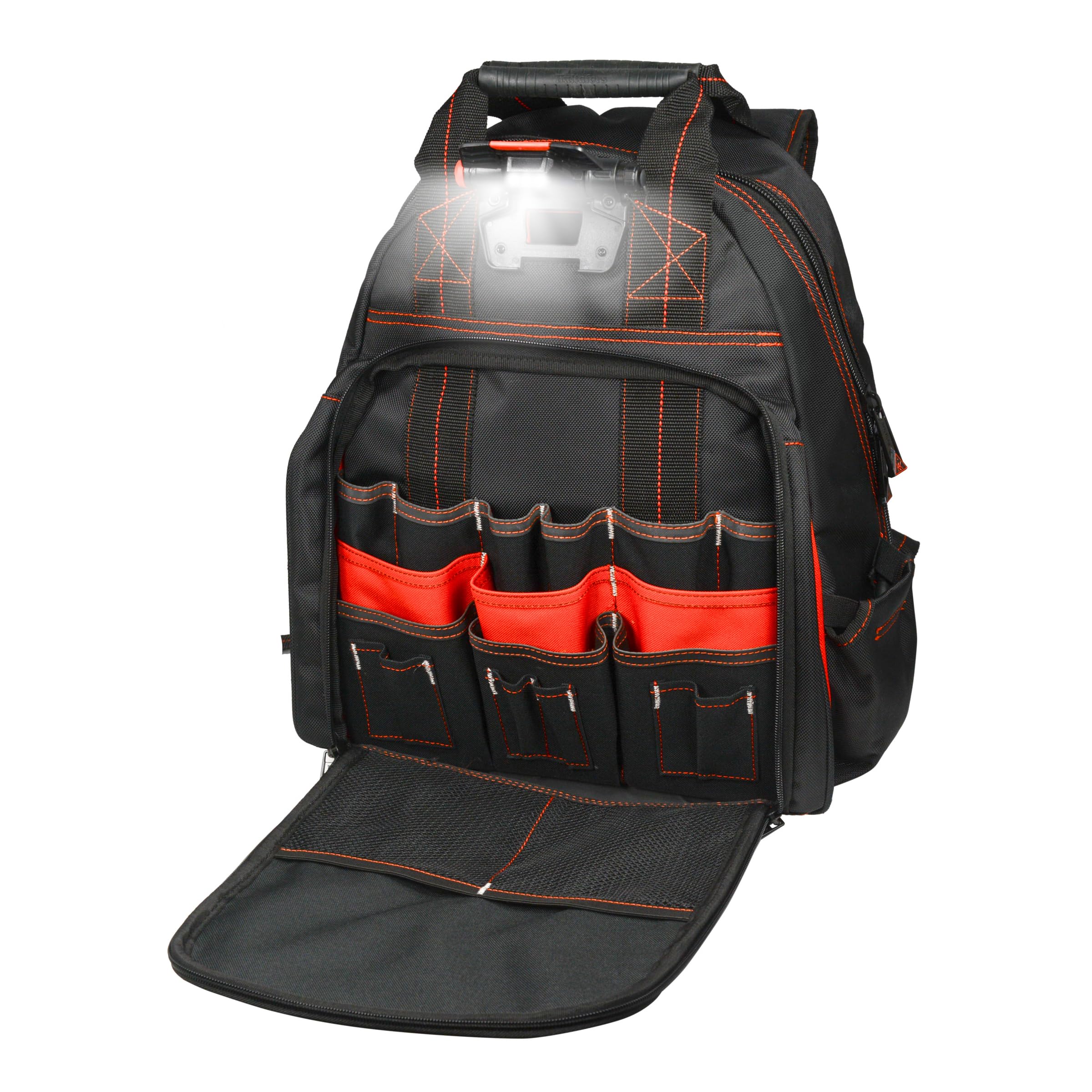 Hultafors HTL523 Heavy Duty Lighted Tool Backpack - 50 Pockets, Ballistic Polyester Construction, Adjustable Swivel Light & Power Tool Strap - Perfect for Electricians, Construction Workers & DIY Projects (Black) - Includes Tablet/Laptop Compartment for On-Site Tech Use