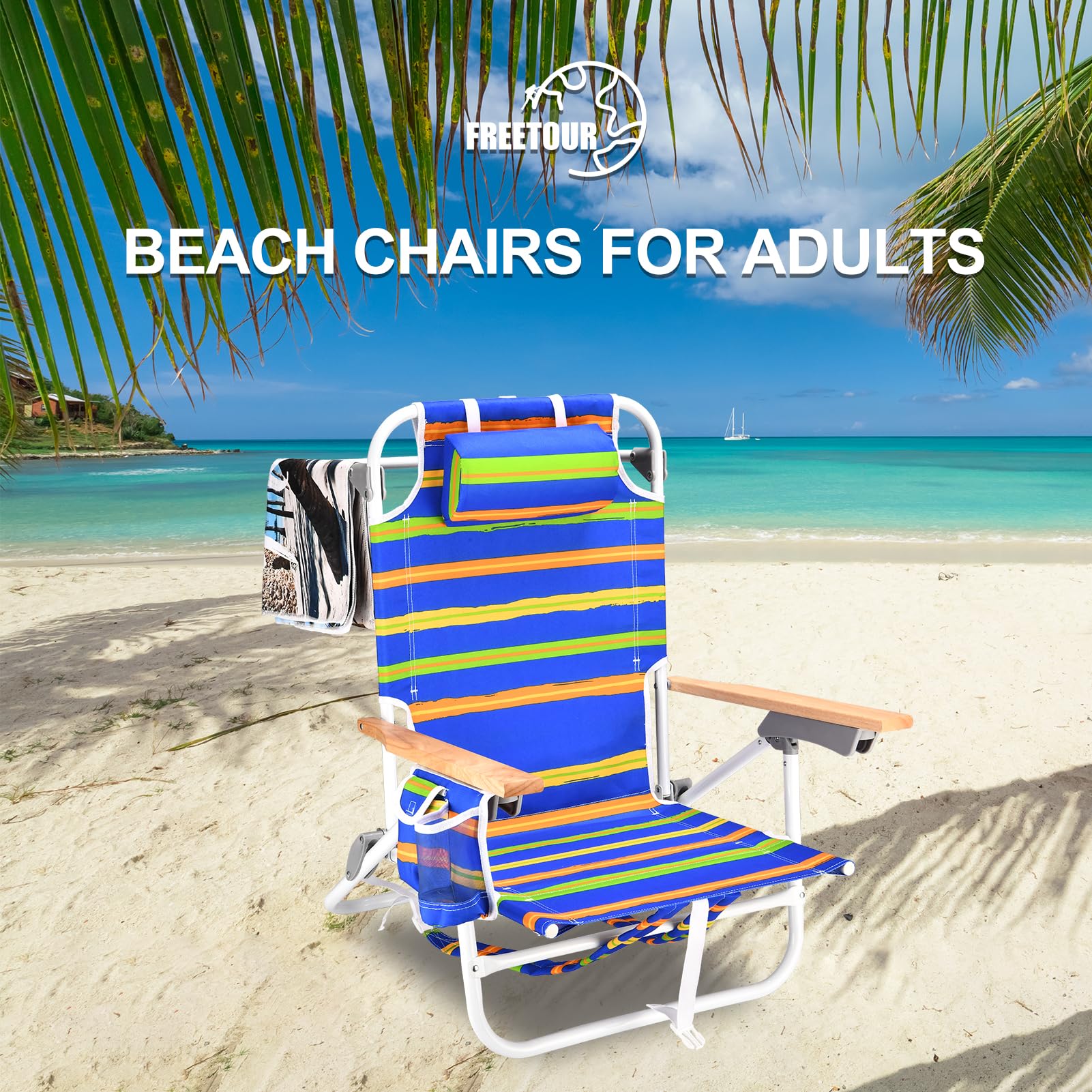 2 Pack Heavy Duty Beach Chairs for Adults - 300 lb Capacity, 5-Position Reclining, Lightweight Aluminum Frame with Storage Pouch & Carry Straps - Foldable for Travel, Camping, Picnics & Beach Days (Blue & Yellow Stripes)