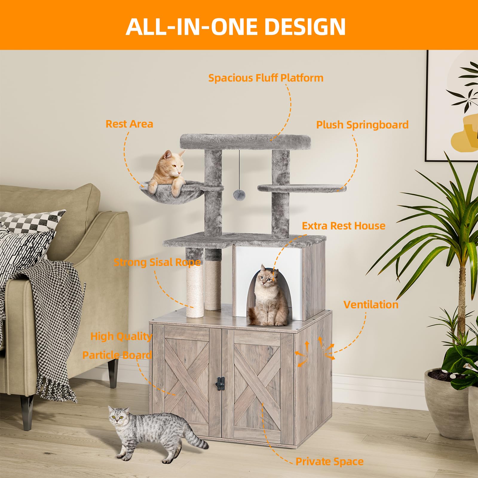 Snughome Wooden Cat Litter Box Enclosure with Tree Tower & Condo - Hidden Washroom Furniture with Sisal Scratching Post, Soft Plush Perch & Multi-Level Platforms - Grey Cat Furniture for Home Decor & Pet Comfort